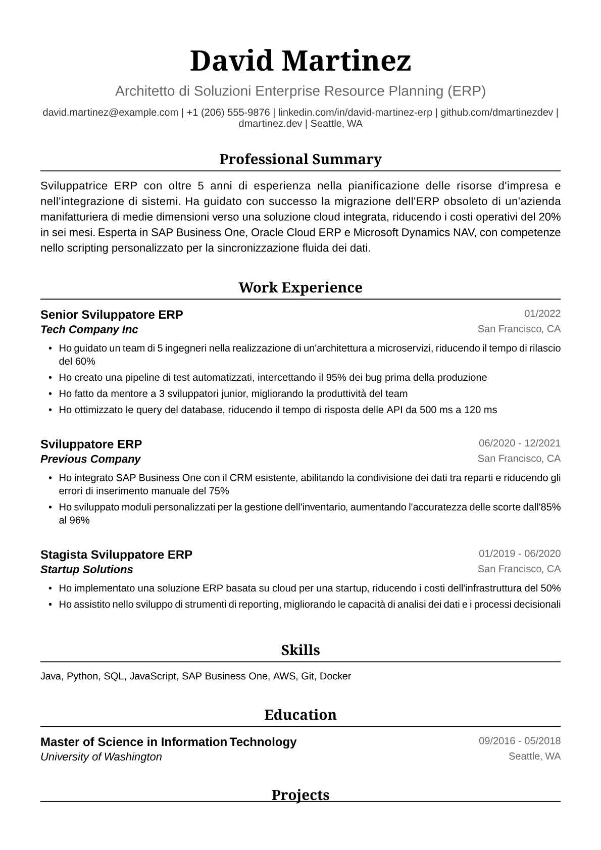 Esempio Curriculum Sviluppatrice ERP