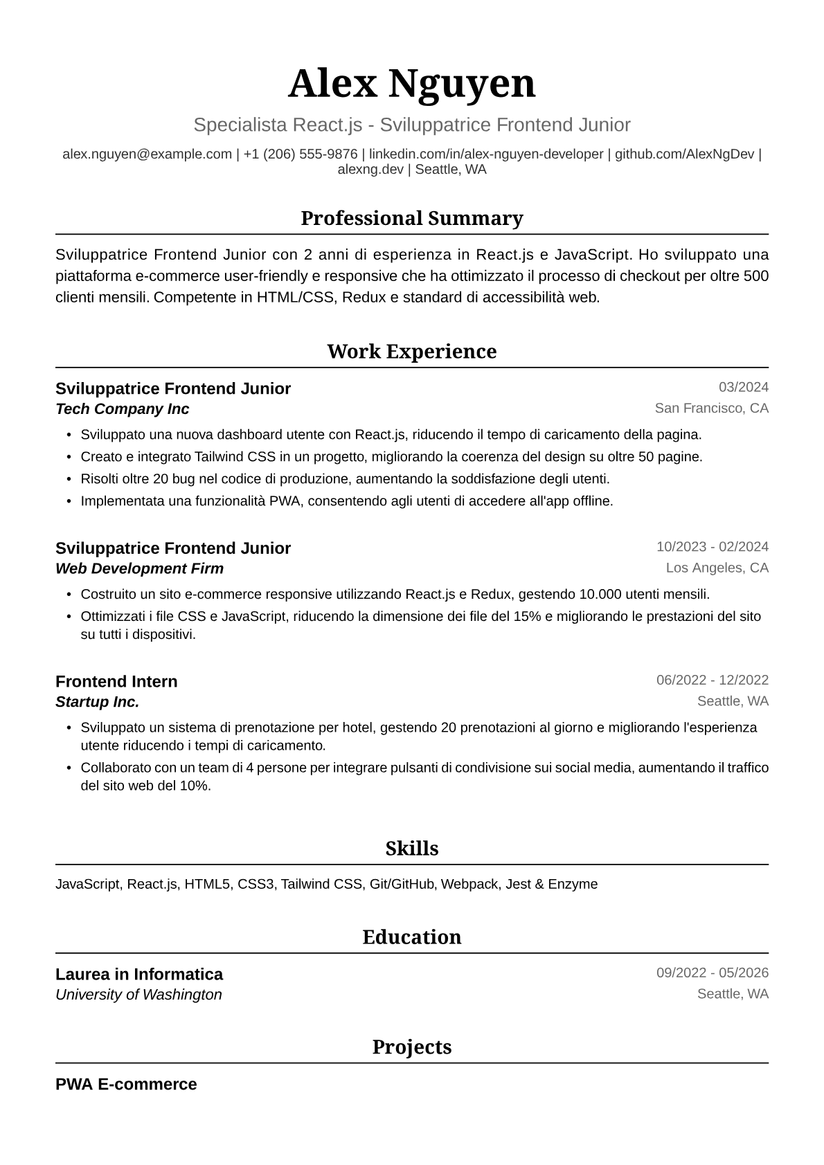 Esempio di Curriculum Vitae per Sviluppatrice Frontend Junior