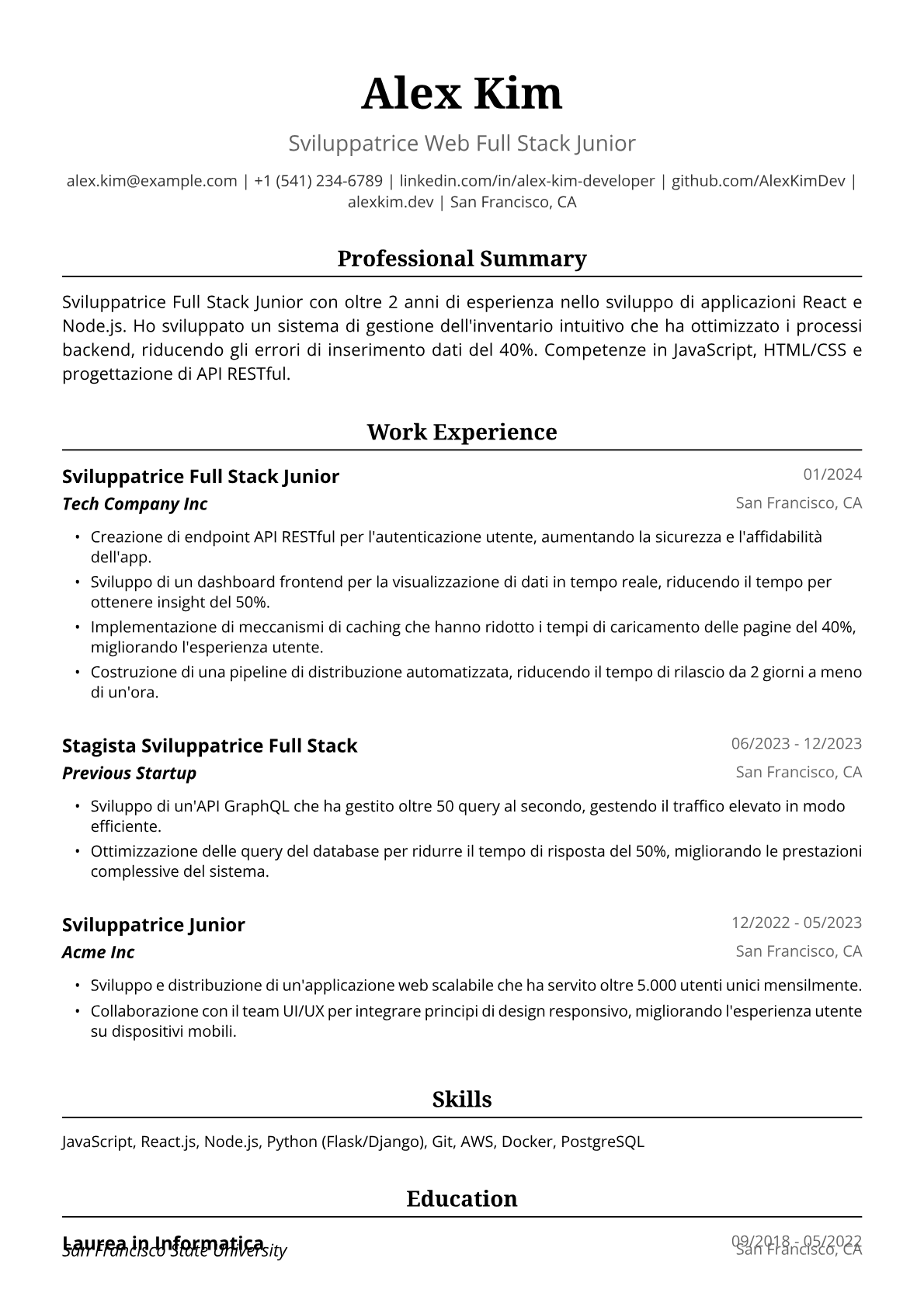 Esempio di Curriculum Vitae per Sviluppatrice Full Stack Junior