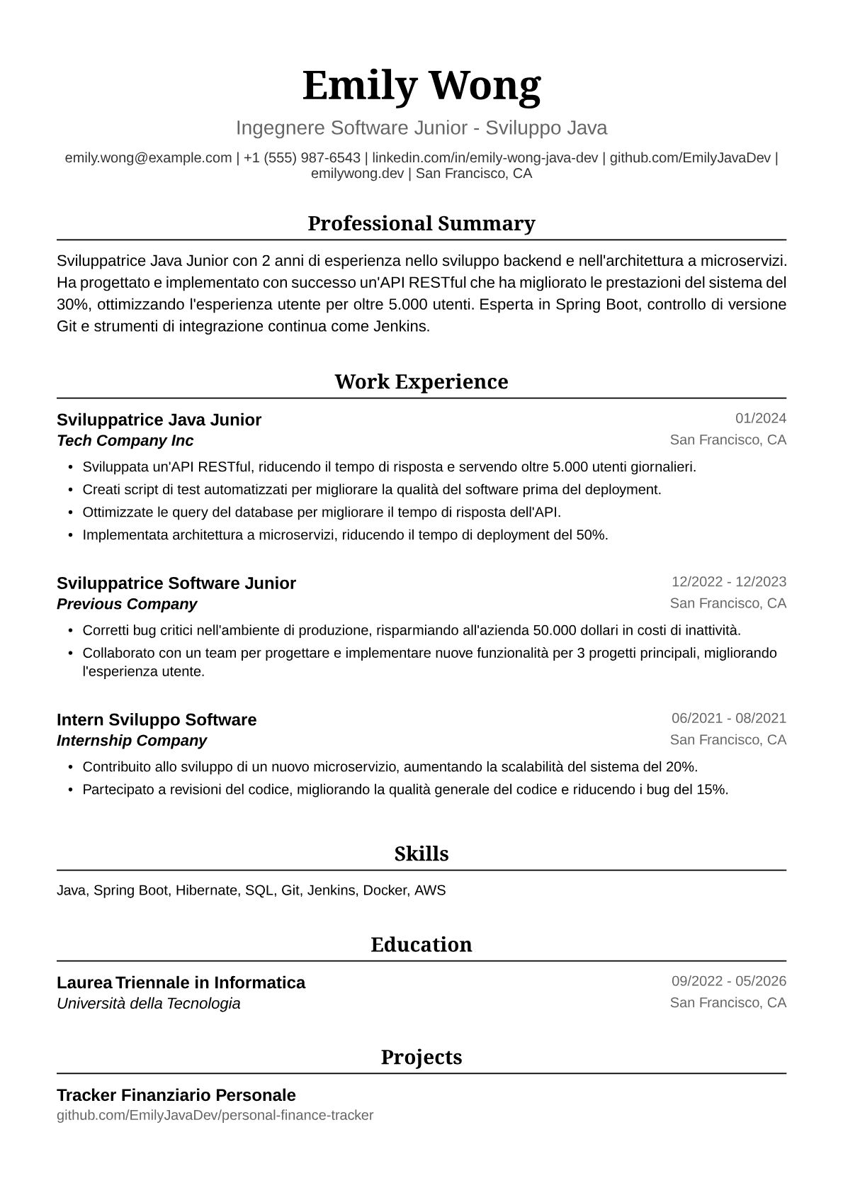 Esempio di Curriculum Vitae per Sviluppatrice Java Junior