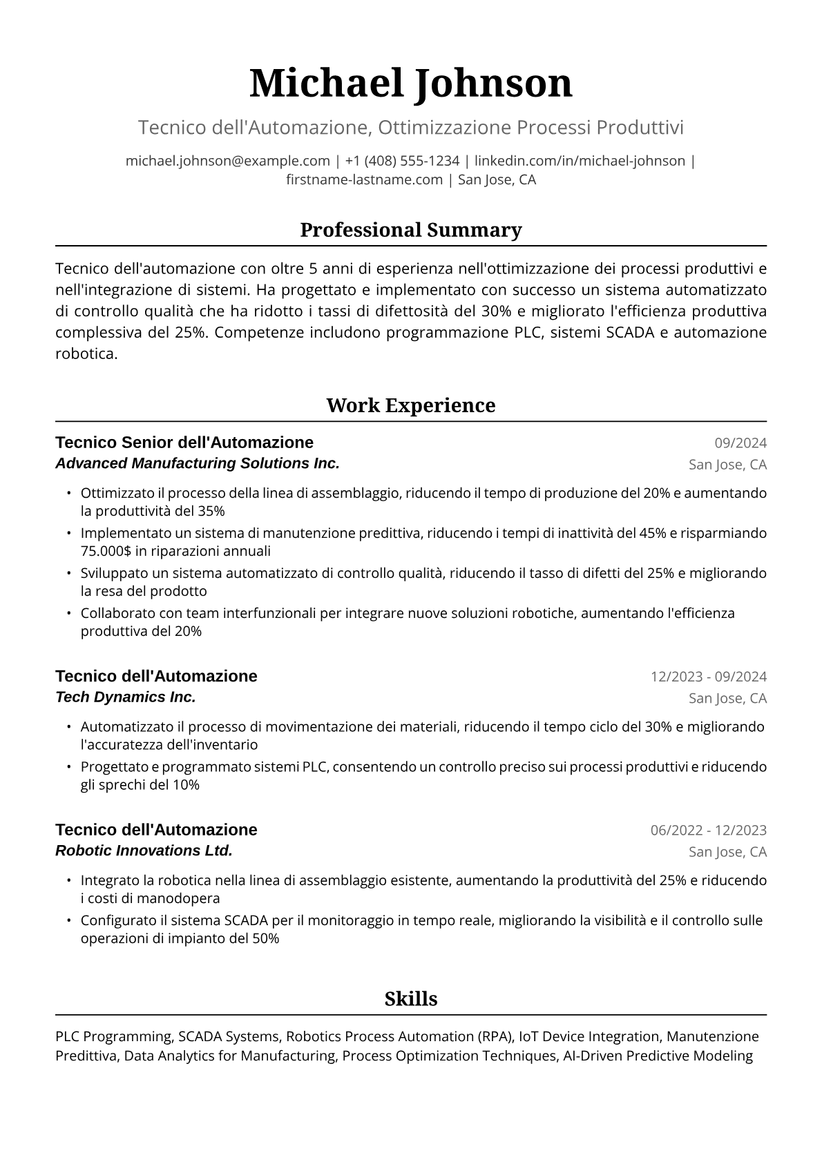 Esempio Curriculum Tecnico dell'Automazione