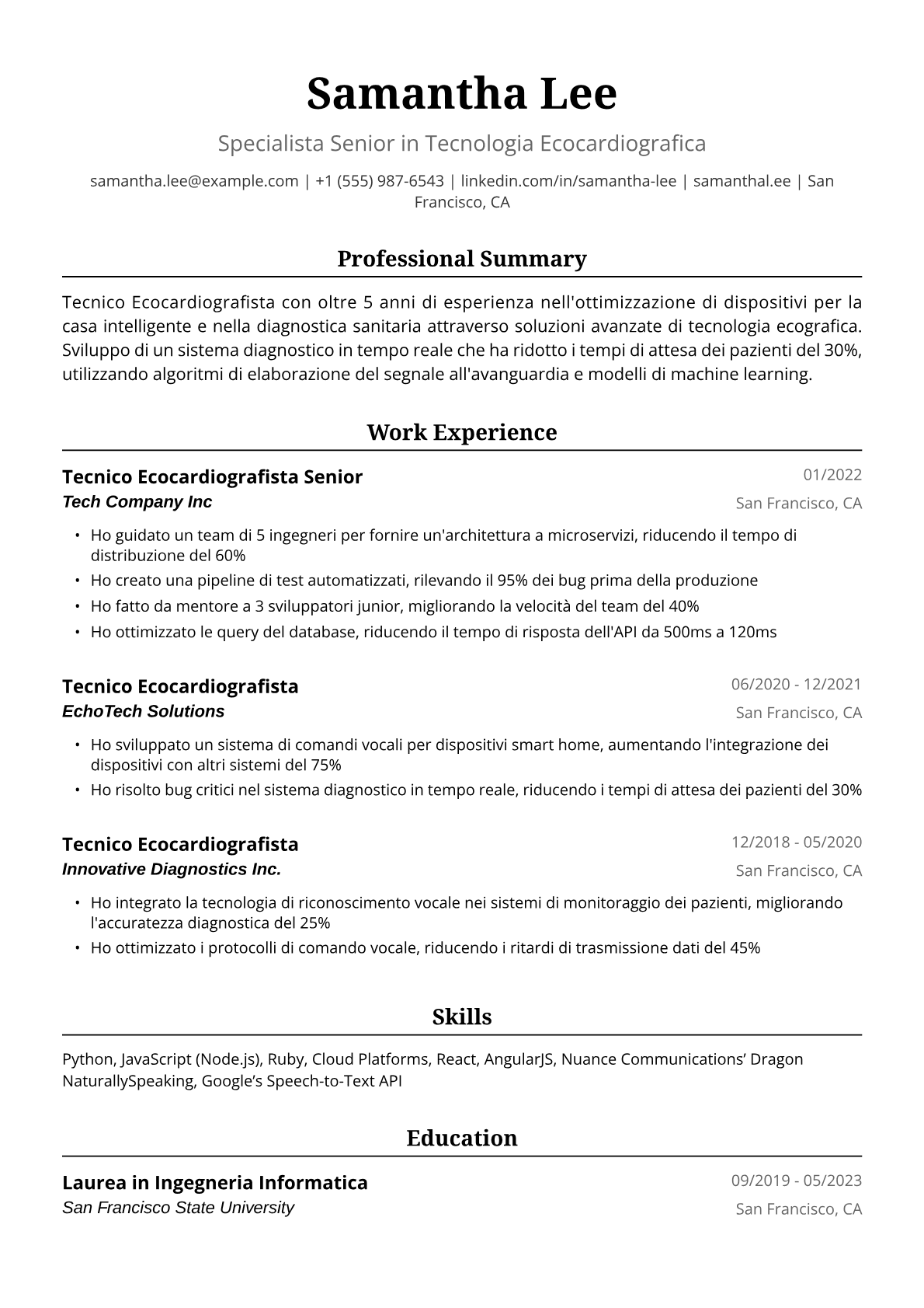 Esempio Curriculum Vitae Tecnica Ecocardiografista