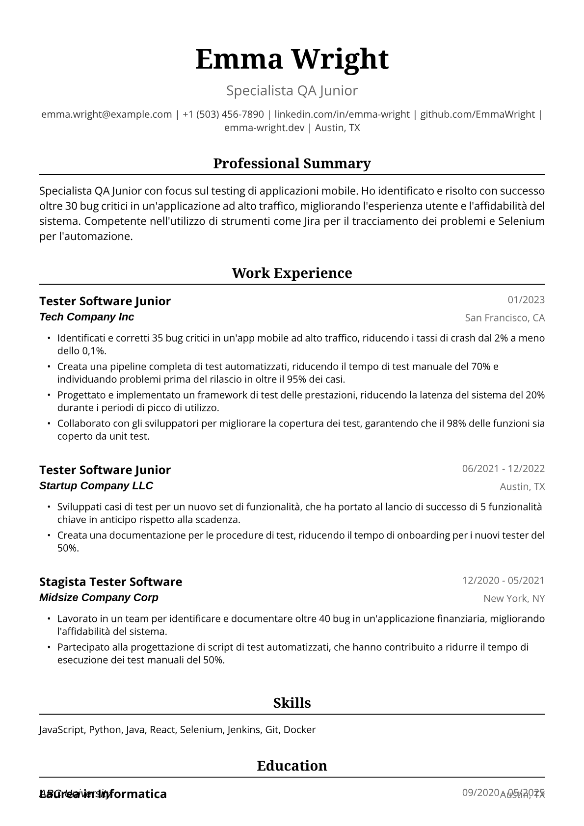 Esempio Curriculum Tester Software Junior