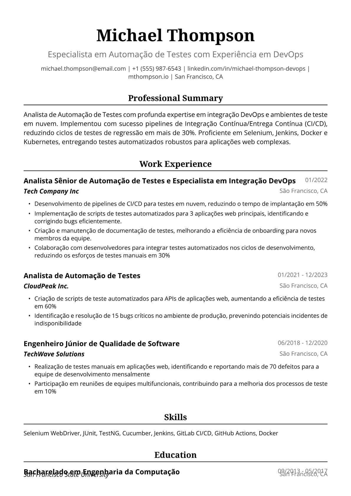 Exemplo de Currículo para Analista de Automação de Testes