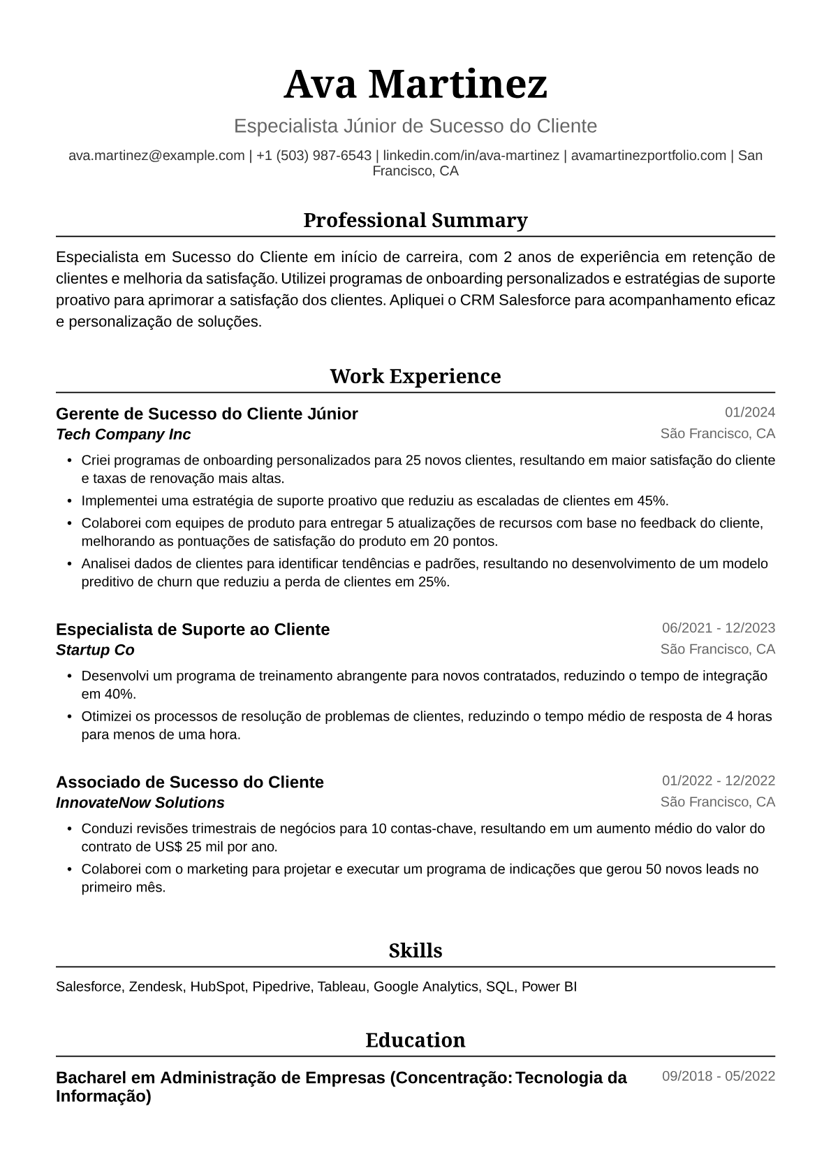Exemplo de Currículo para Analista de Sucesso do Cliente Júnior