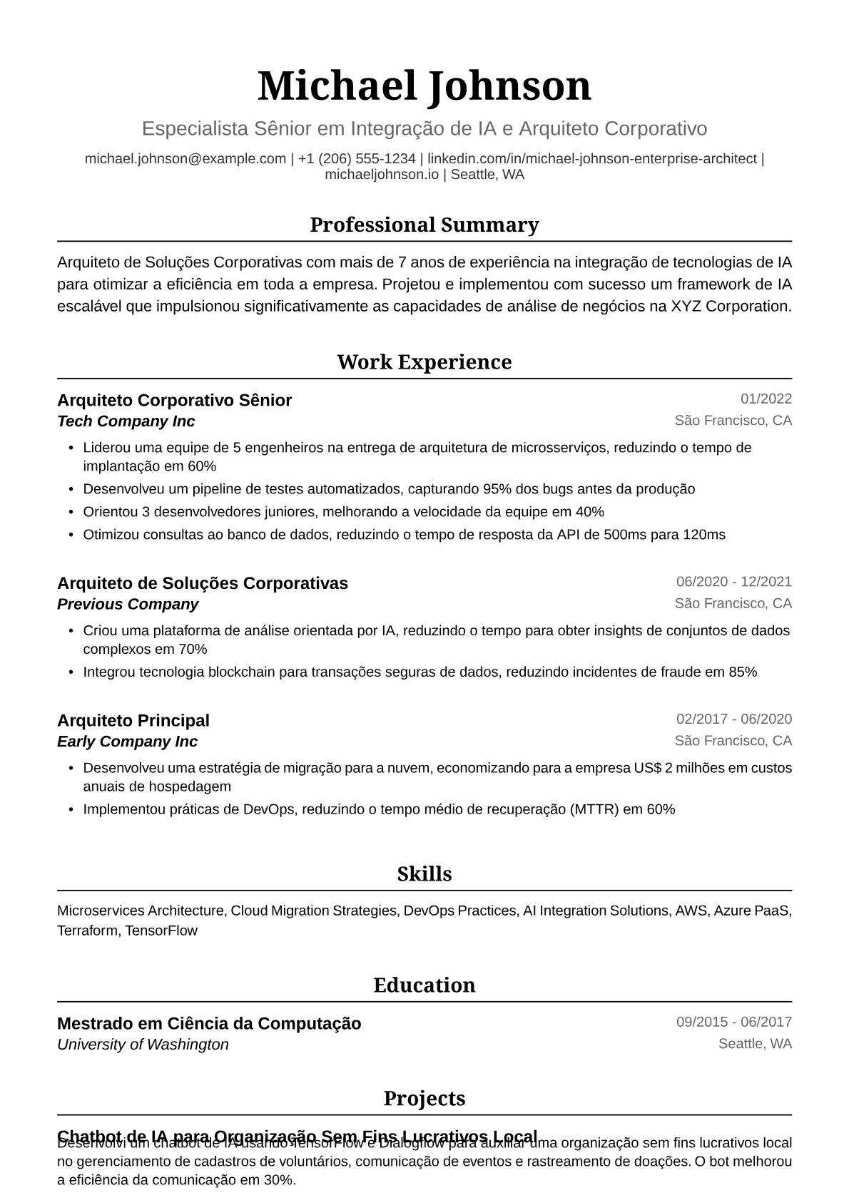 Exemplo de Currículo para Arquiteto de Soluções Corporativas