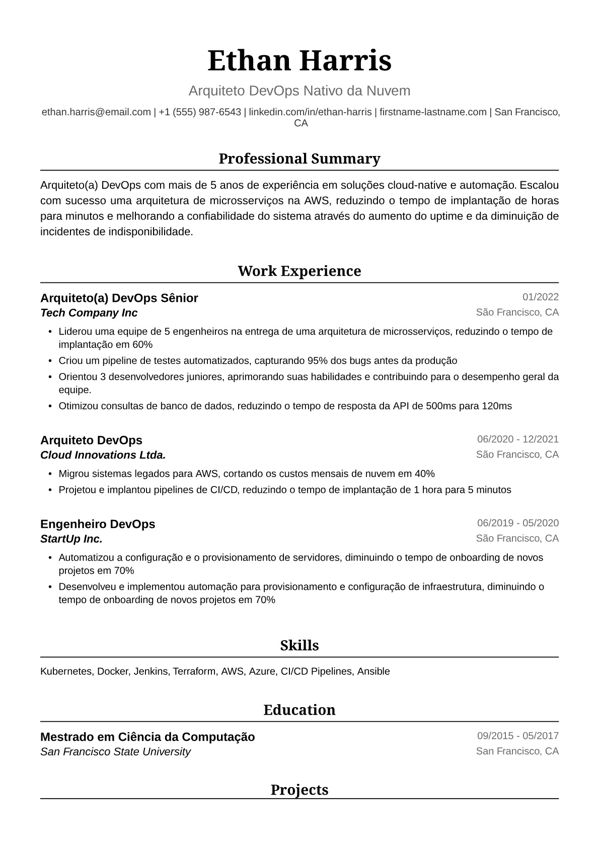Exemplo de Currículo de Arquiteto DevOps