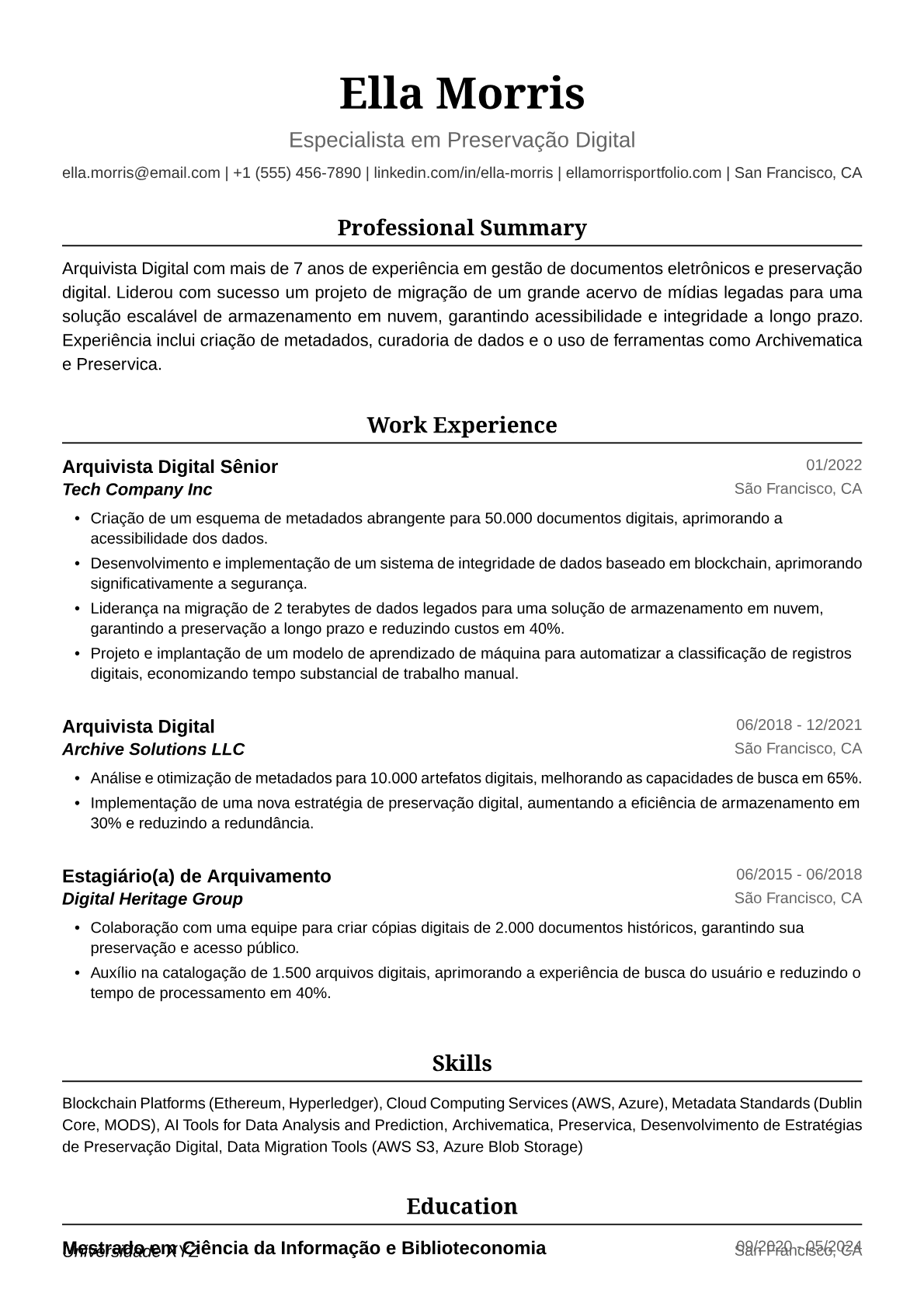 Exemplo de Currículo para Arquivista Digital