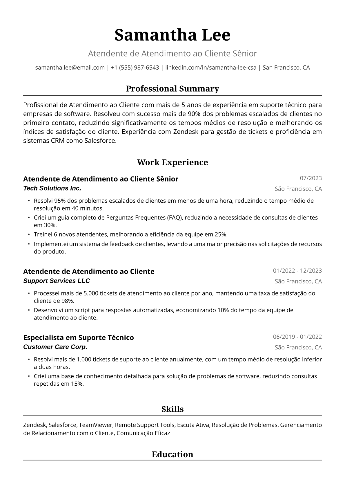 Exemplo de Currículo para Atendente de Atendimento ao Cliente