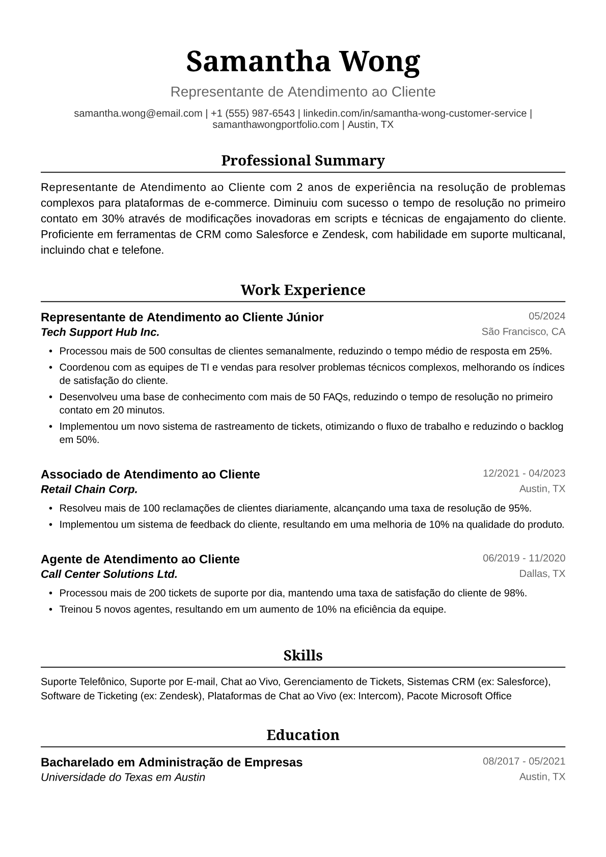 Exemplo de Currículo para Atendente de Atendimento ao Cliente Júnior