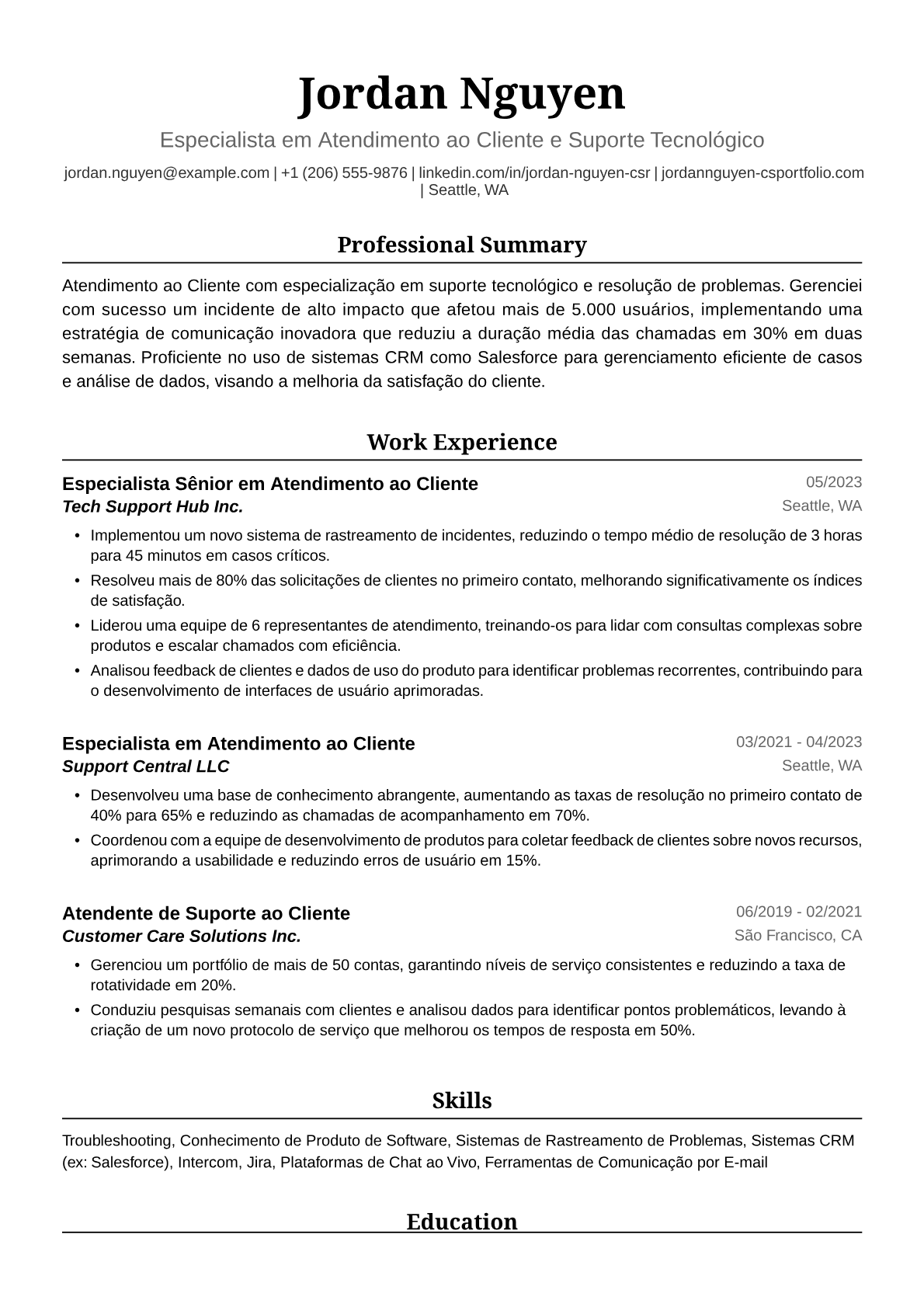 Exemplo de Currículo para Atendente de Cliente
