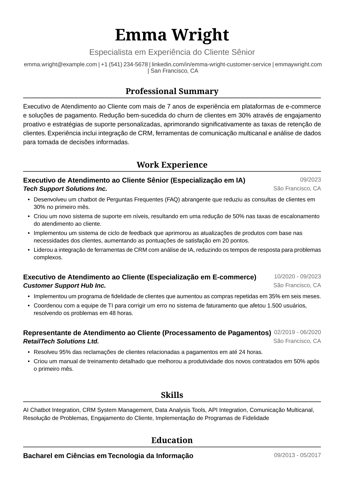 Exemplo de Currículo para Atendente de Suporte ao Cliente
