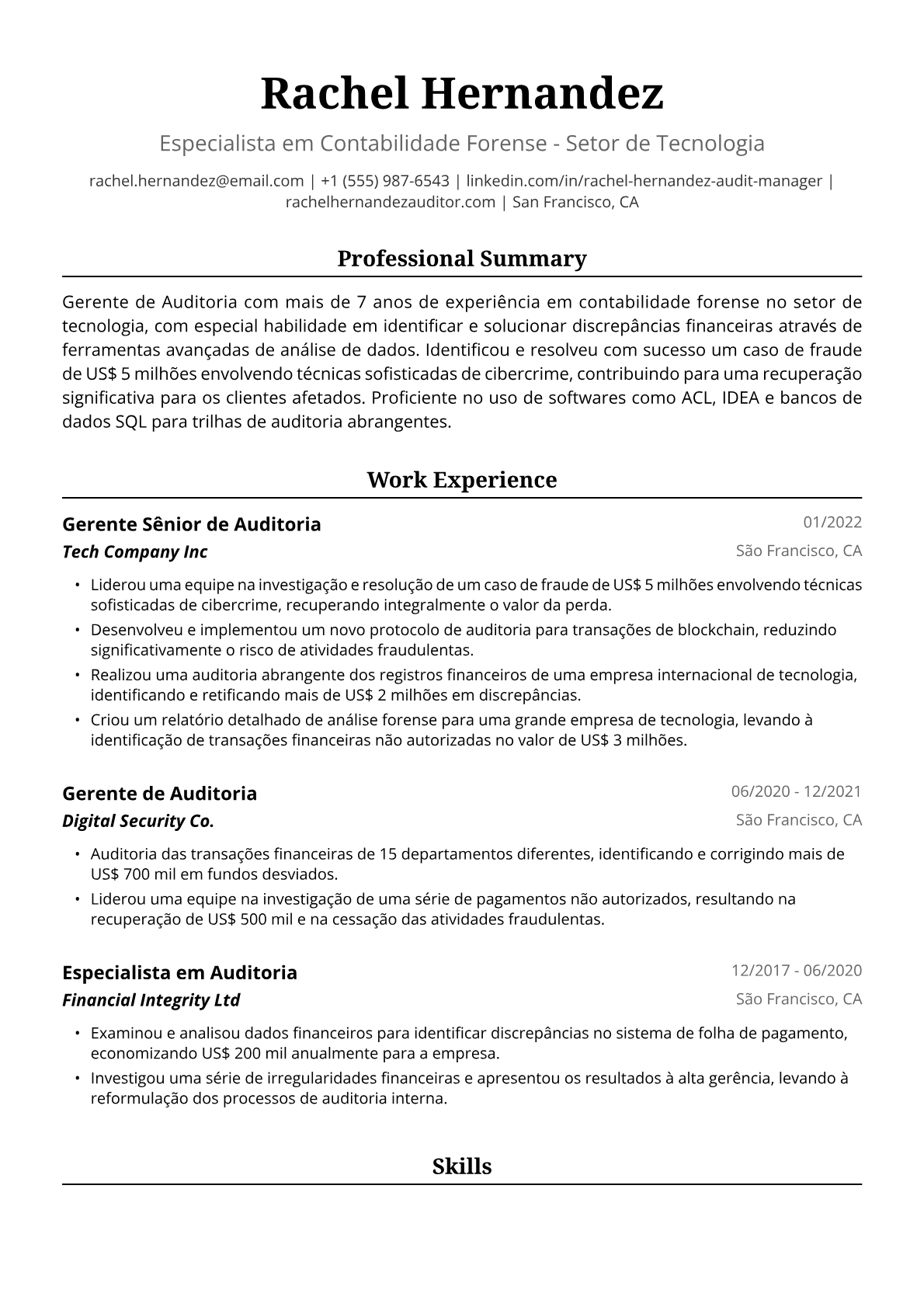 Exemplo de Currículo para Gerente de Auditoria