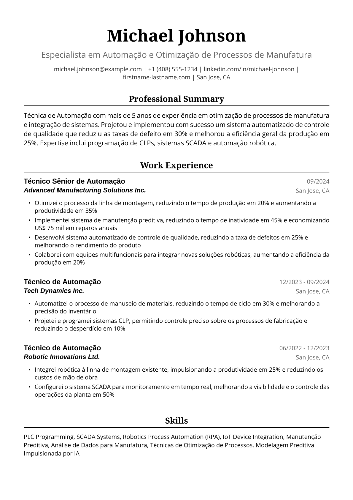 Exemplo de Currículo para Técnica de Automação