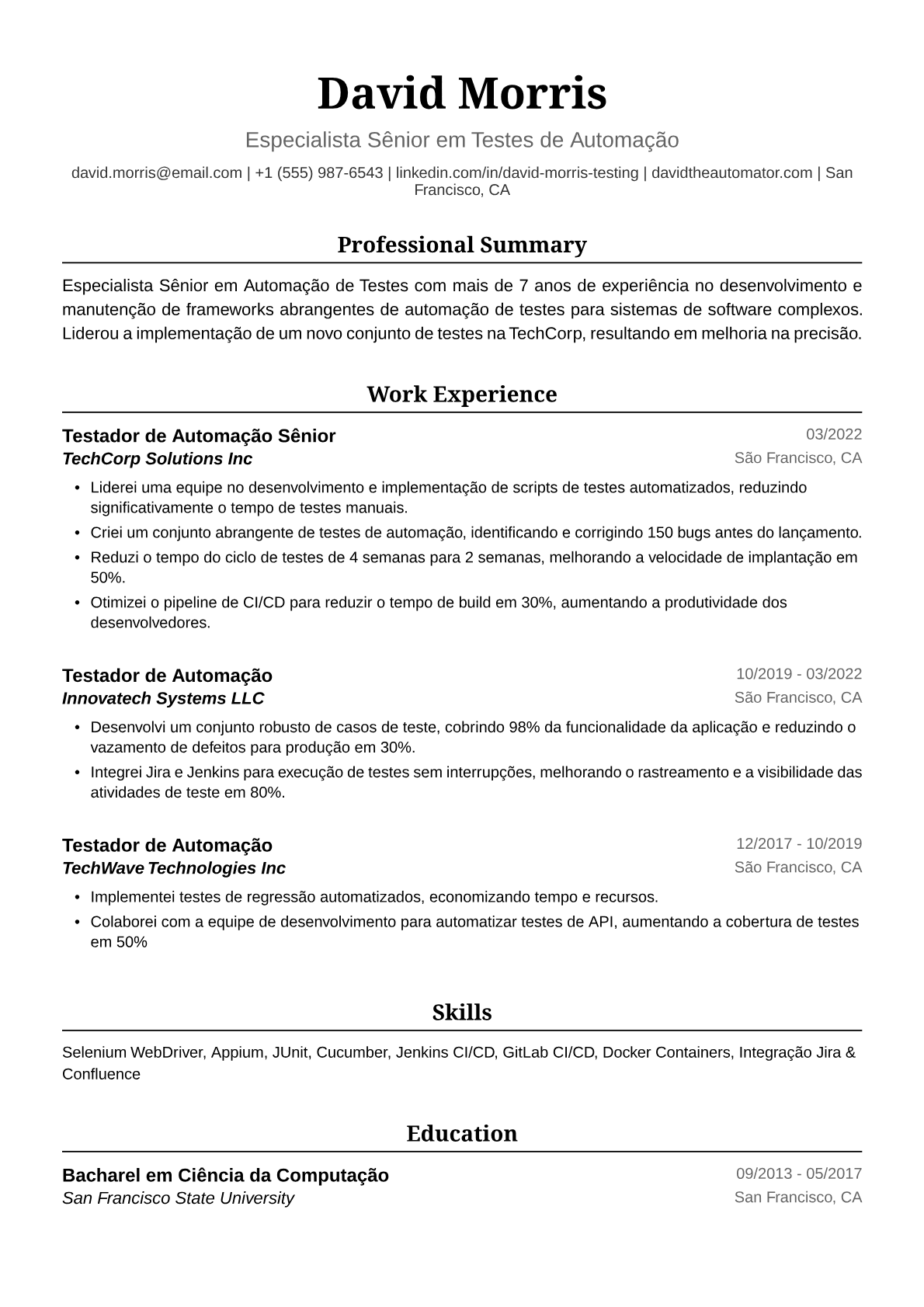 Exemplo de Currículo de Testadora de Automação