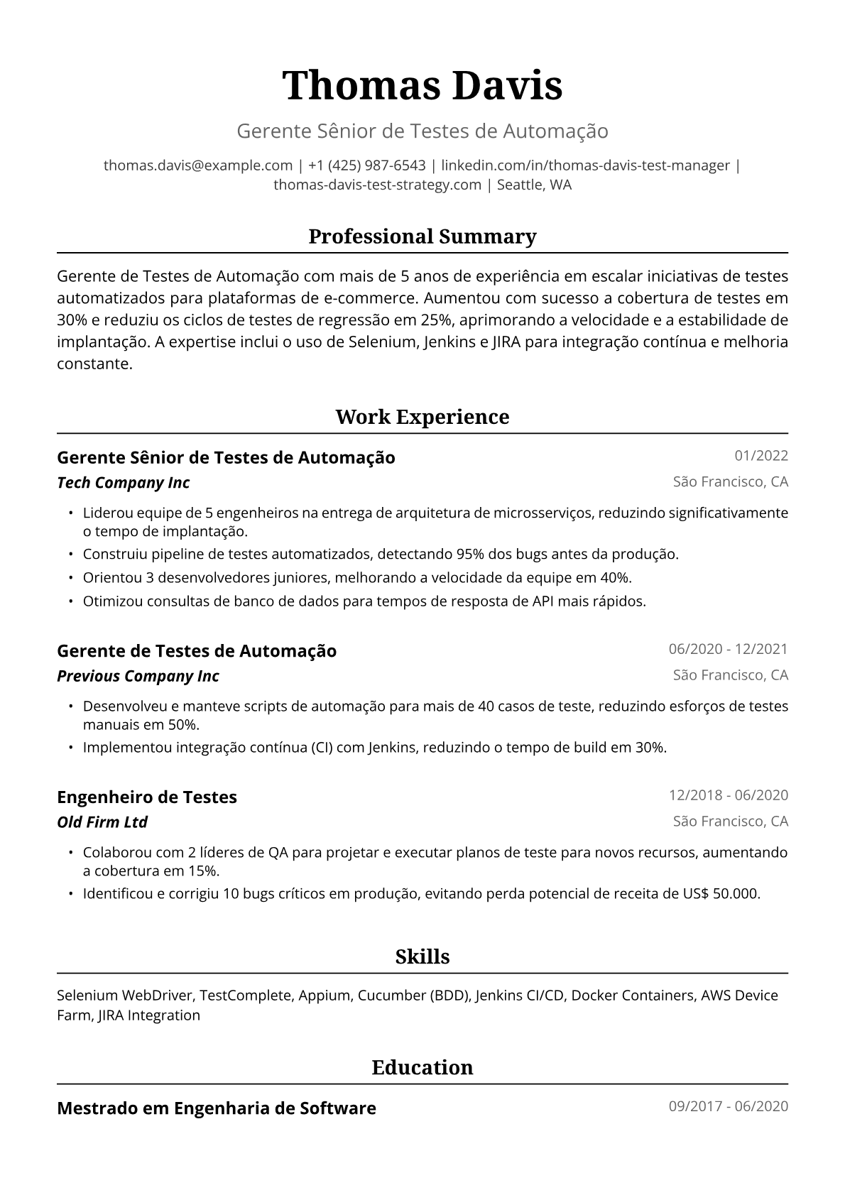 Exemplo de Currículo para Gerente de Testes de Automação