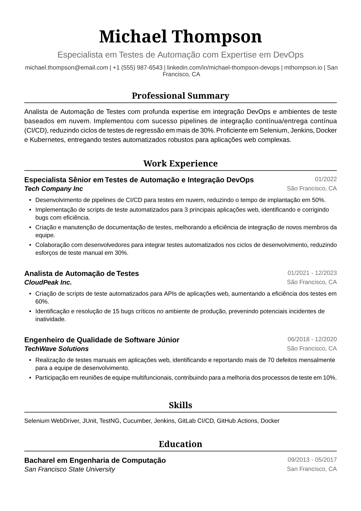 Exemplo de Currículo de Analista de Testes de Automação