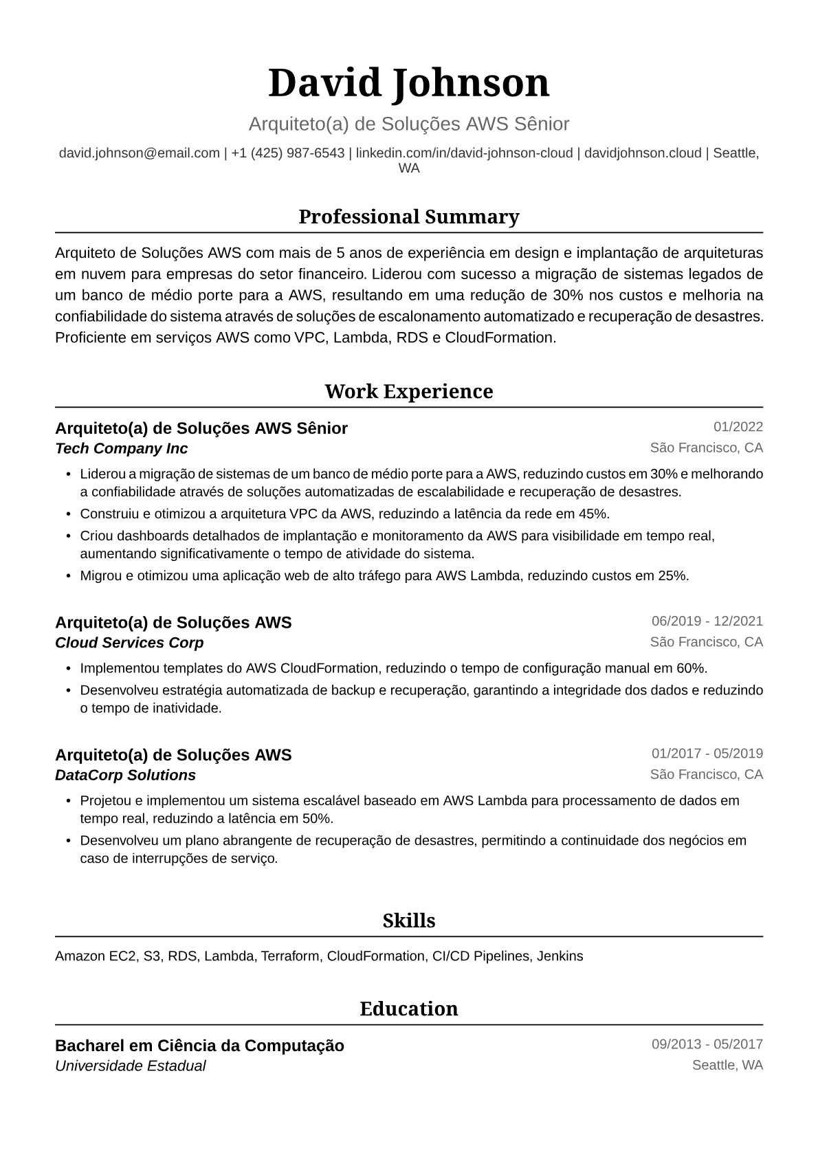 Exemplo de Currículo para Arquiteto de Soluções AWS