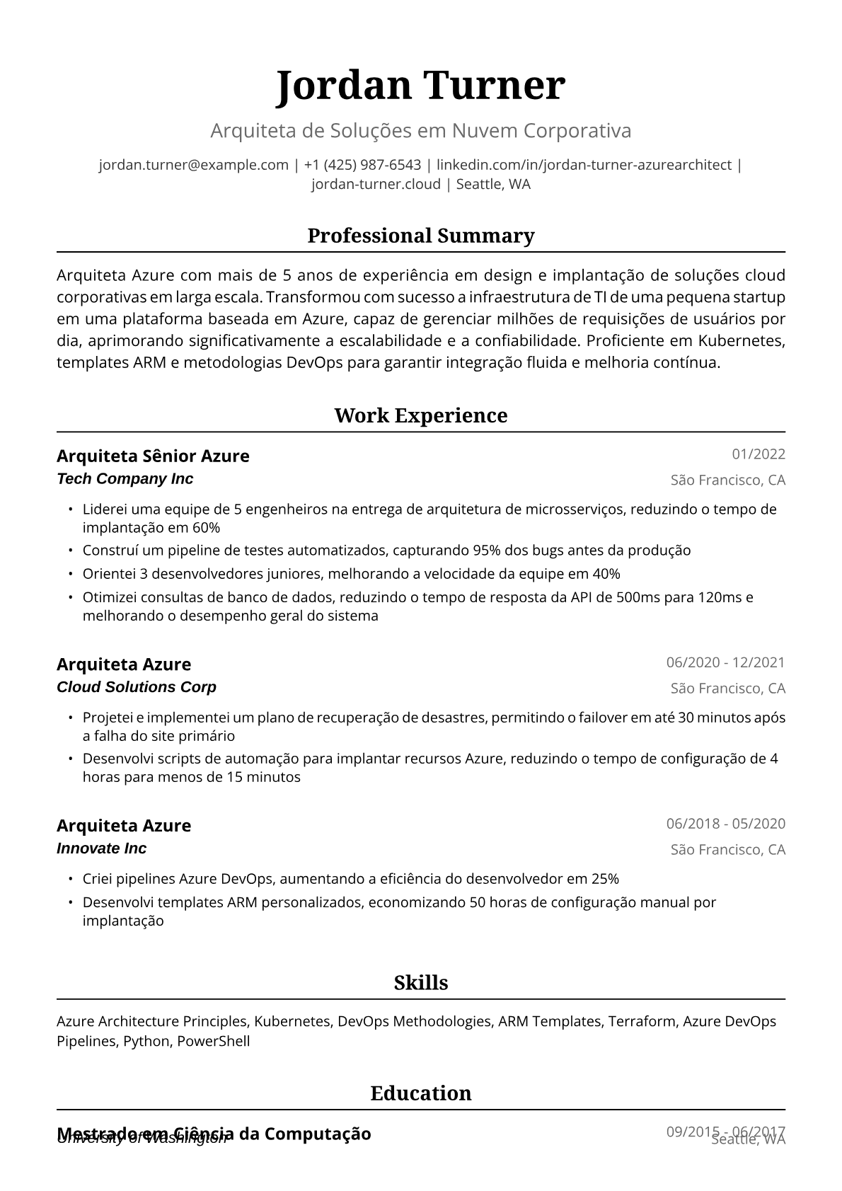 Exemplo de Currículo para Arquiteta Azure