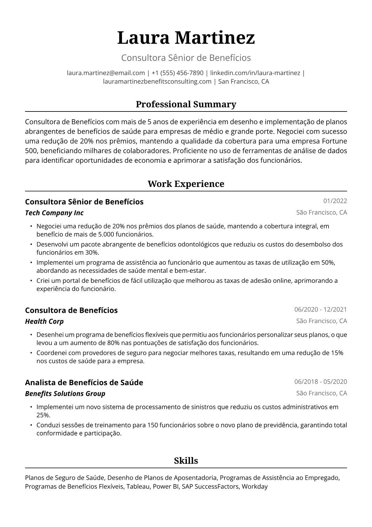 Exemplo de Currículo para Consultora de Benefícios