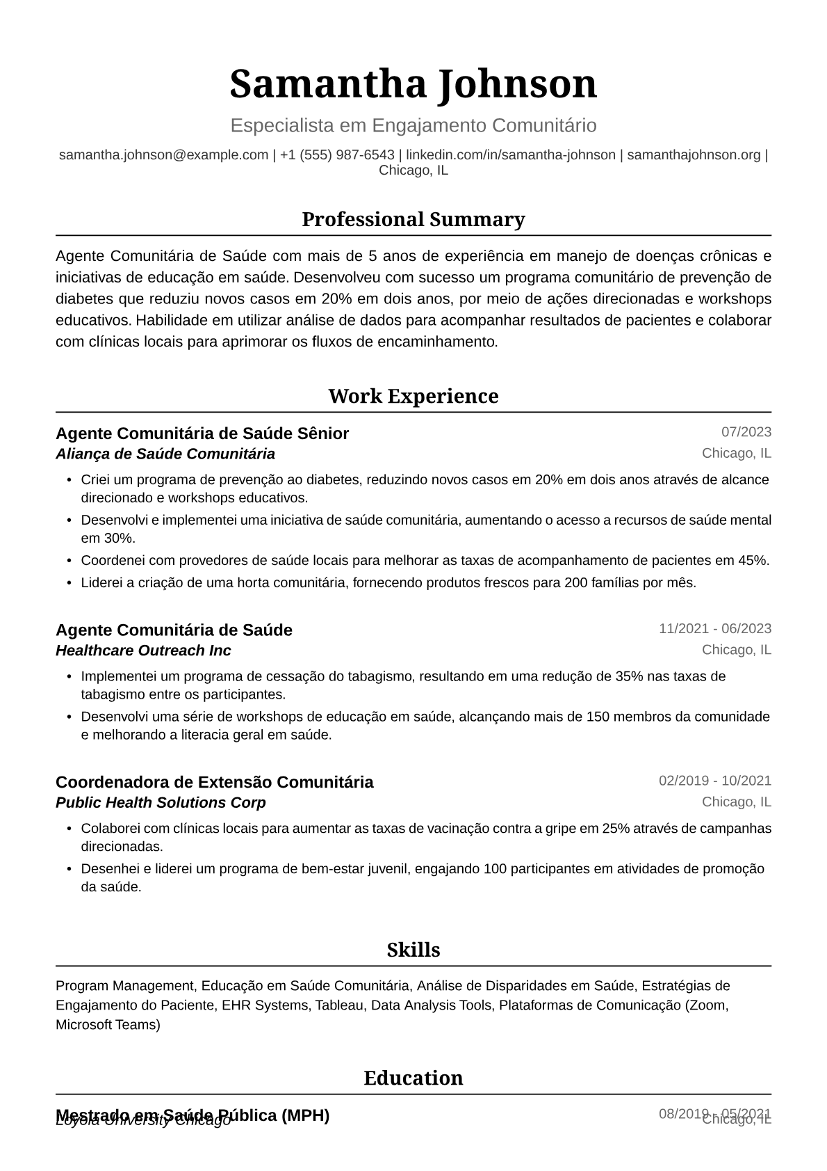 Exemplo de Currículo para Agente Comunitária de Saúde