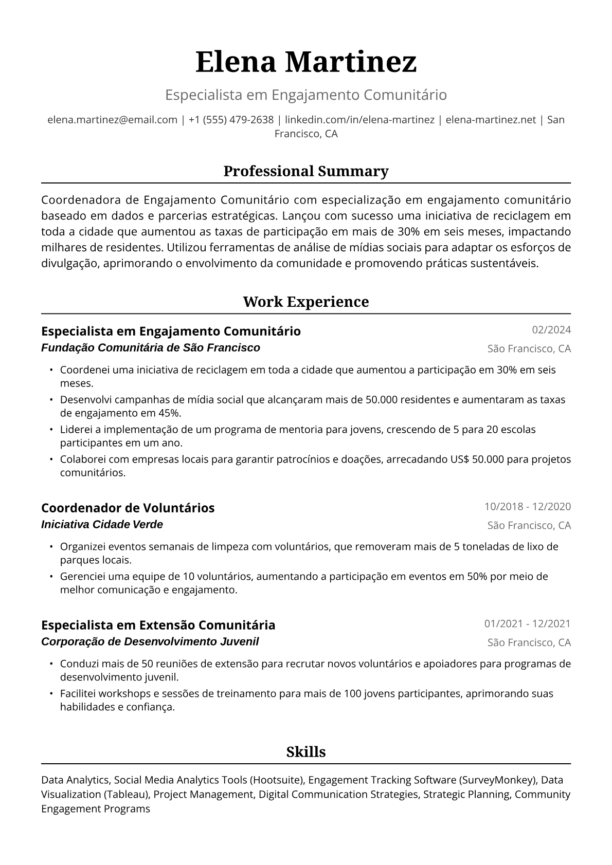 Exemplo de Currículo para Engajadora Comunitária