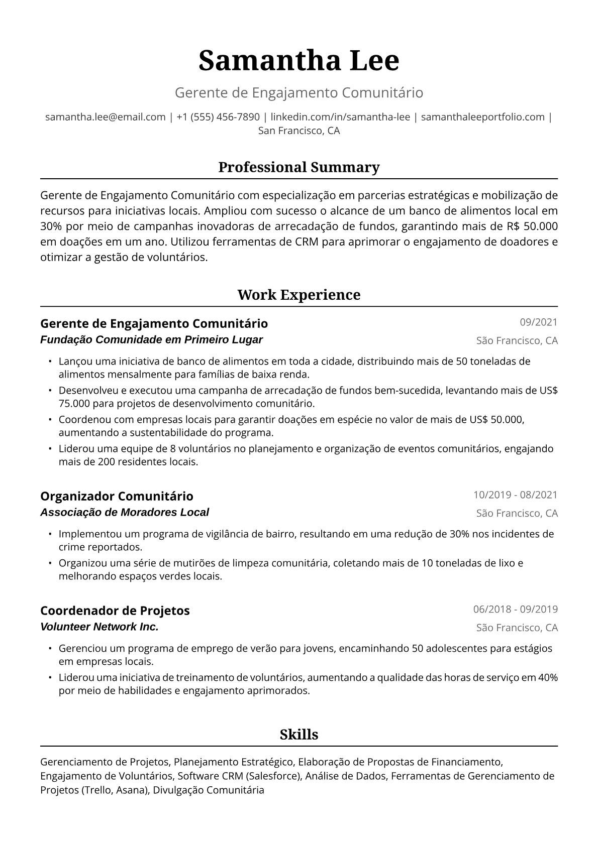 Exemplo de Currículo para Serviço Comunitário