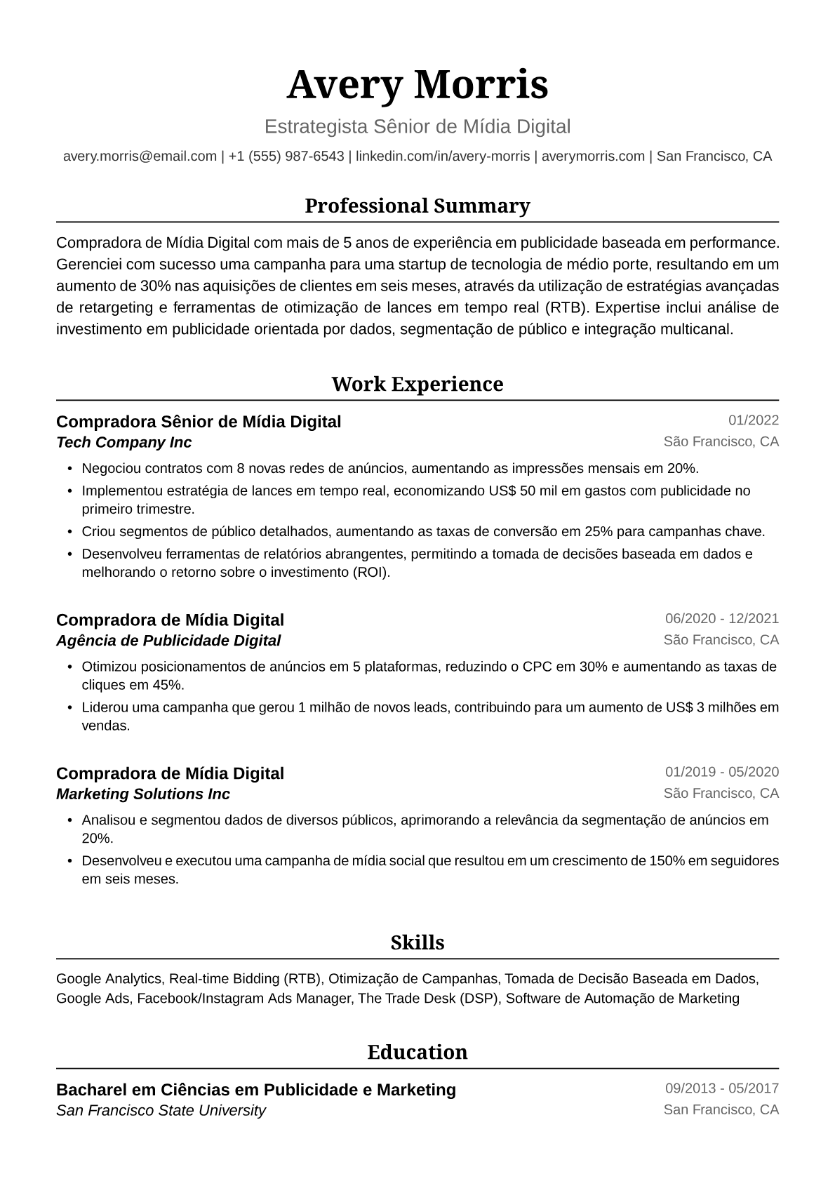 Exemplo de Currículo para Comprador de Mídia Digital