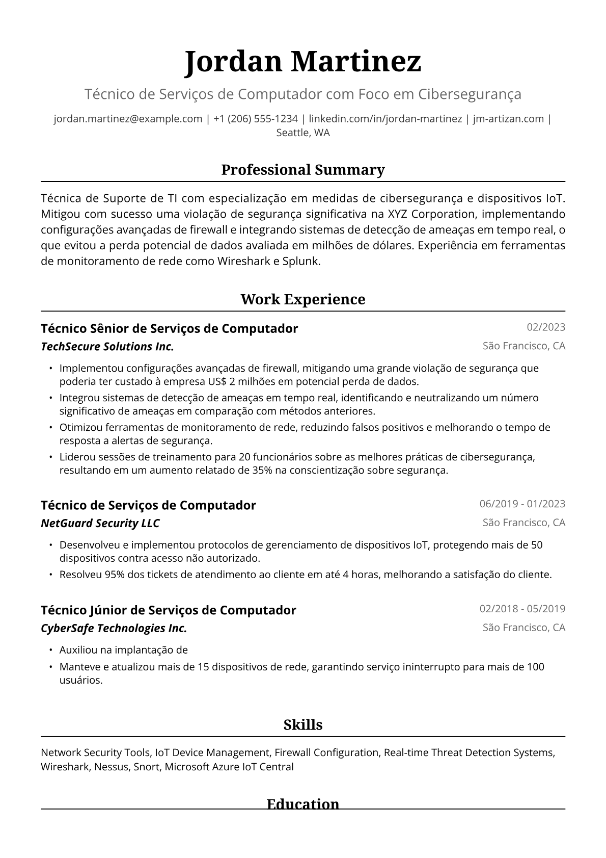 Exemplo de Currículo para Técnica de Suporte de TI