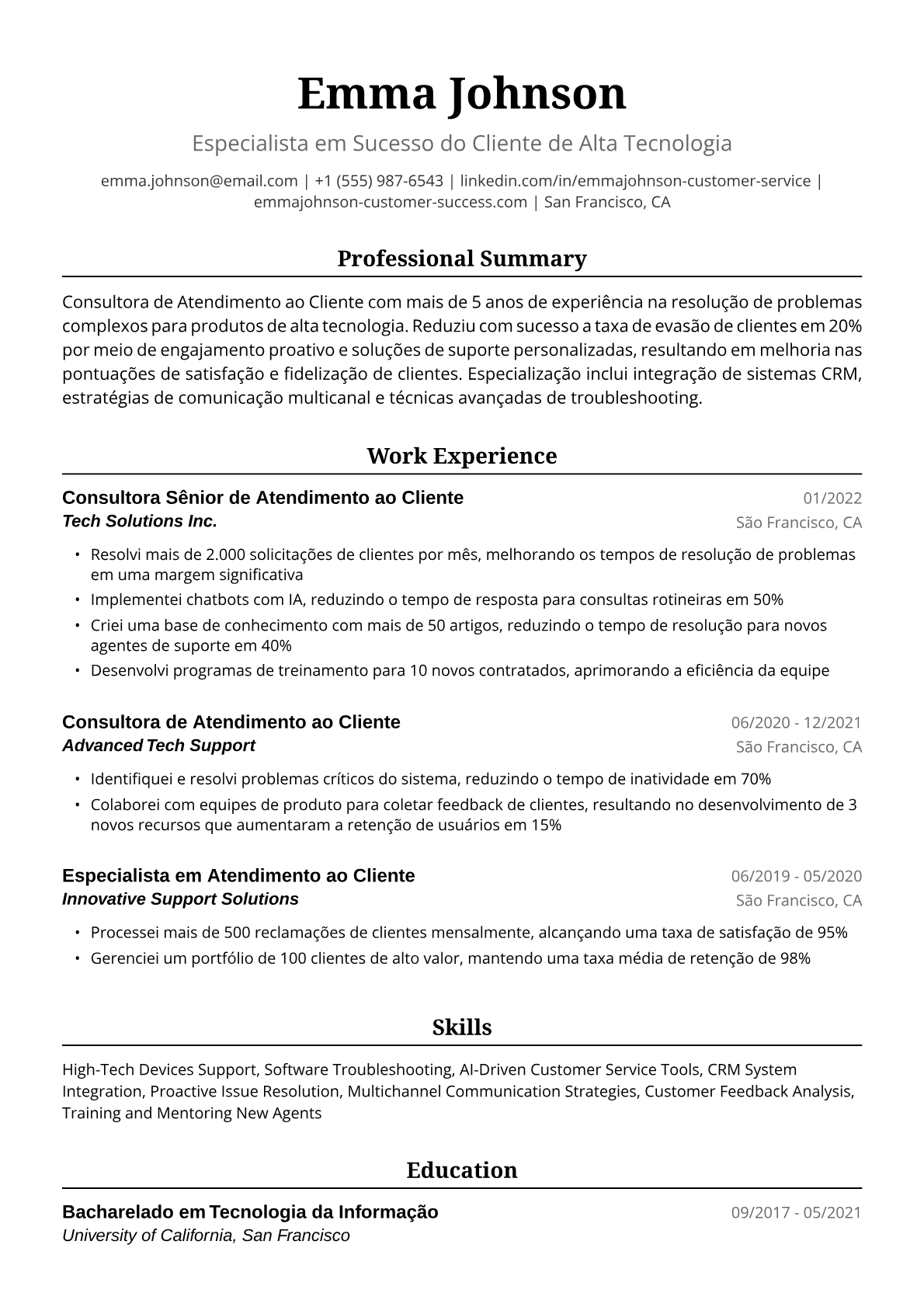 Exemplo de Currículo para Consultora de Atendimento ao Cliente