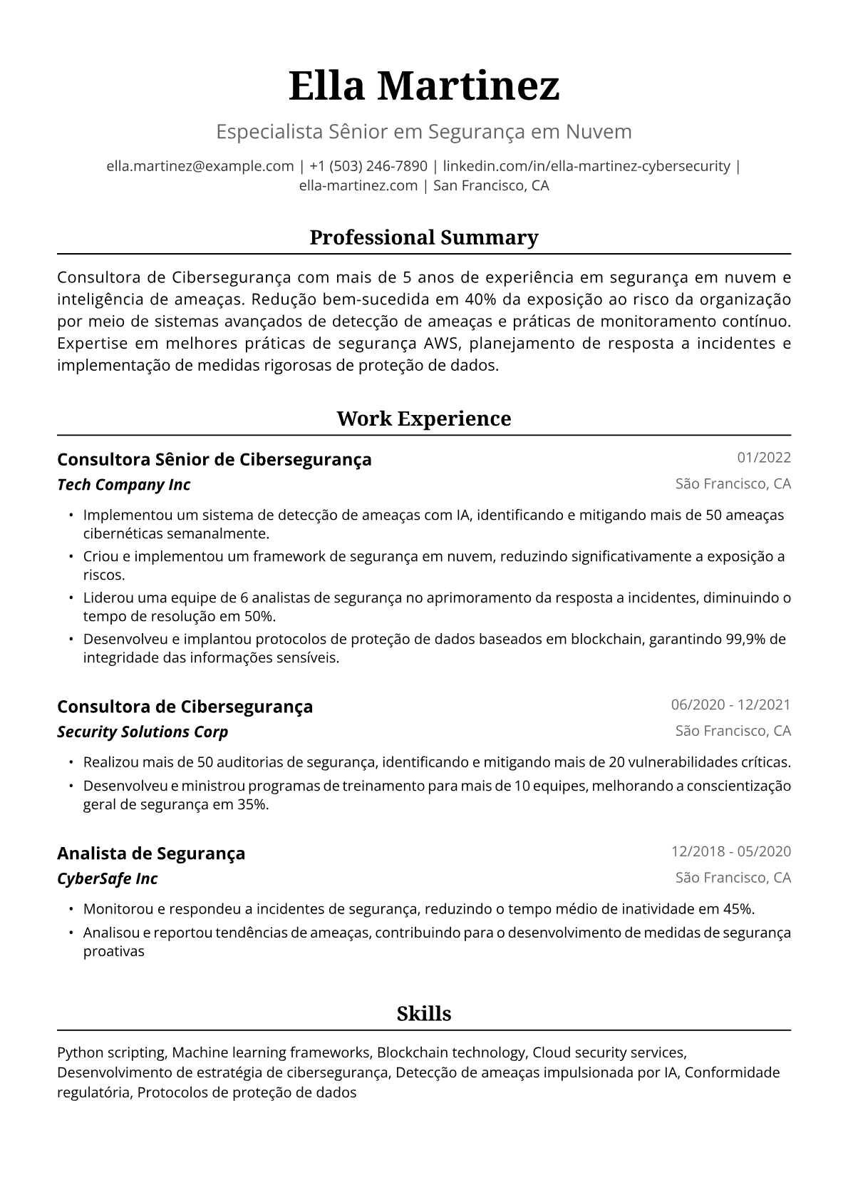 Exemplo de Currículo para Consultora de Cibersegurança
