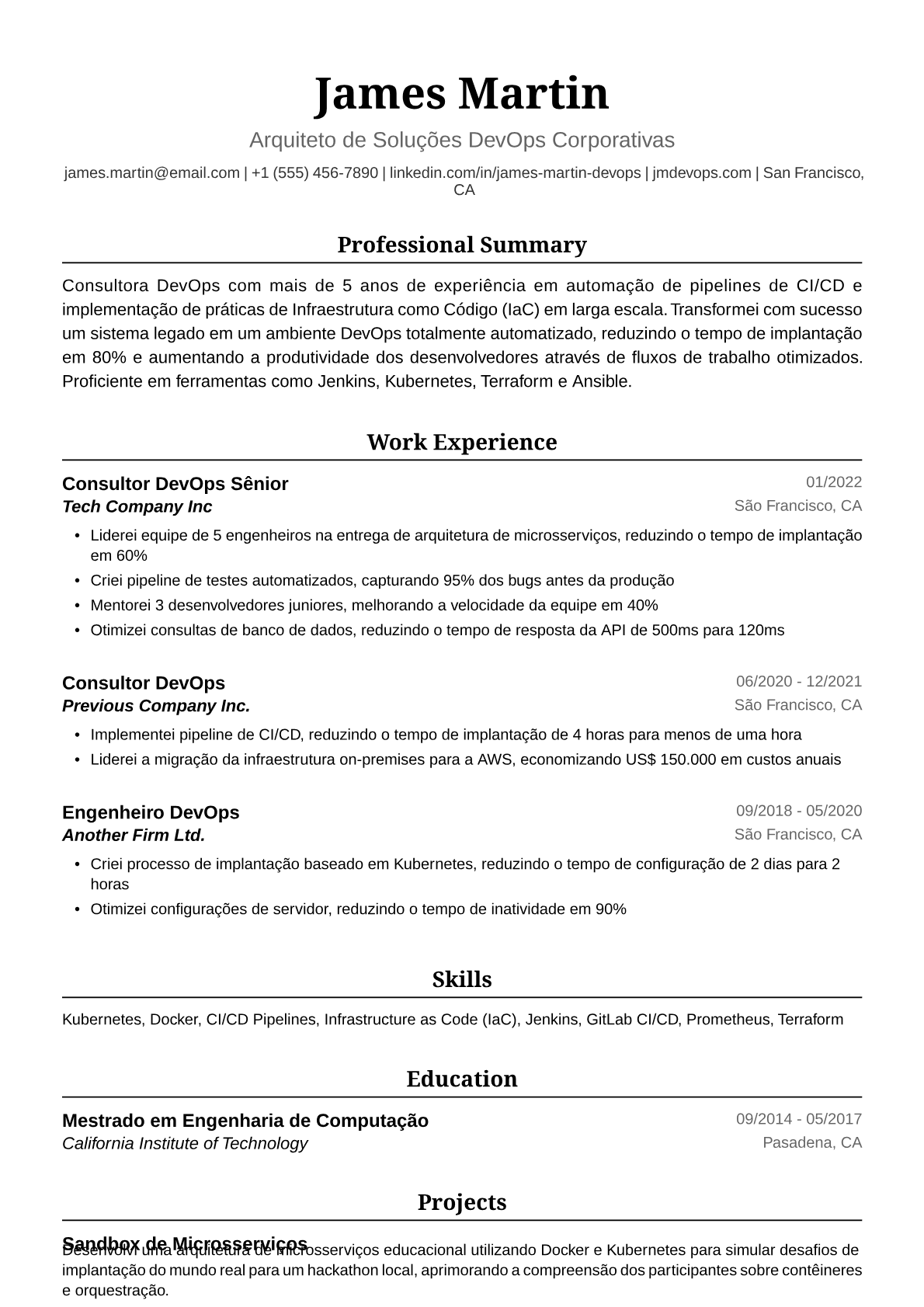 Exemplo de Currículo de Consultora DevOps