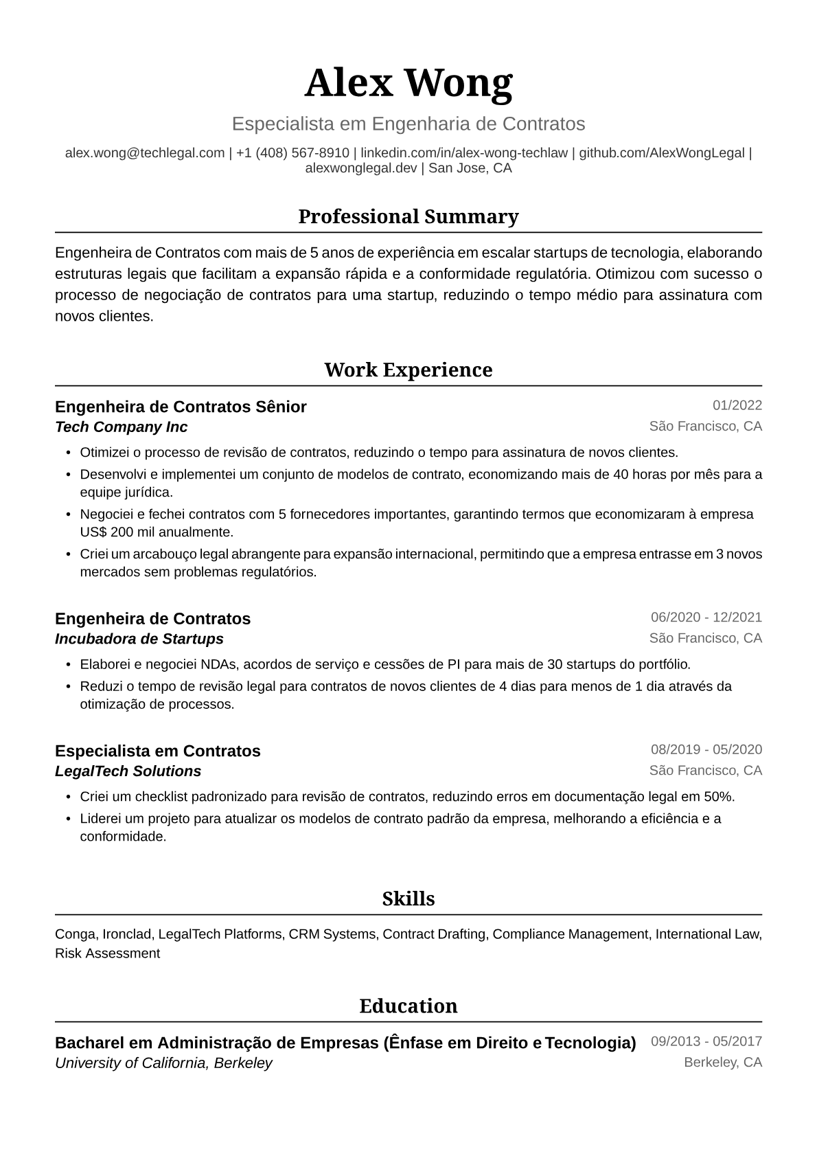 Exemplo de Currículo para Engenheira de Contratos