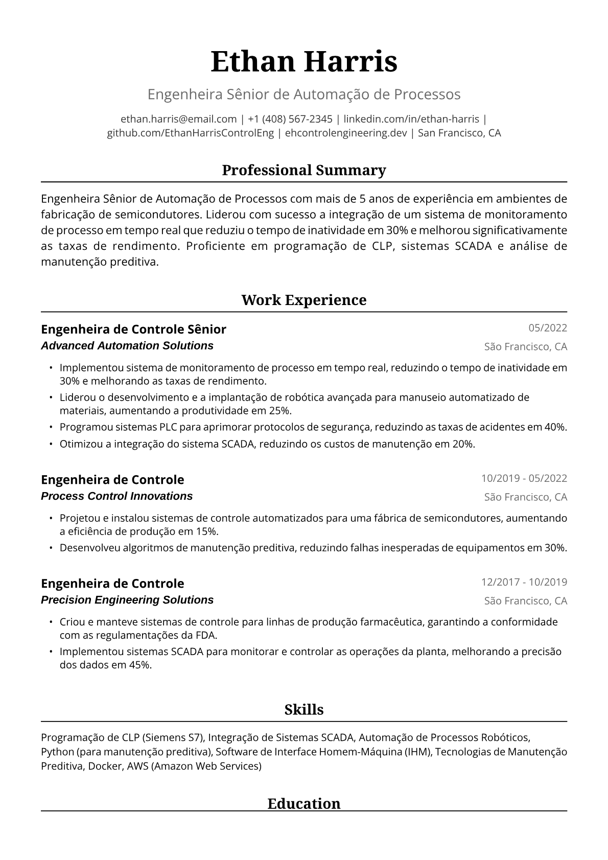 Exemplo de Currículo para Engenheira de Controle