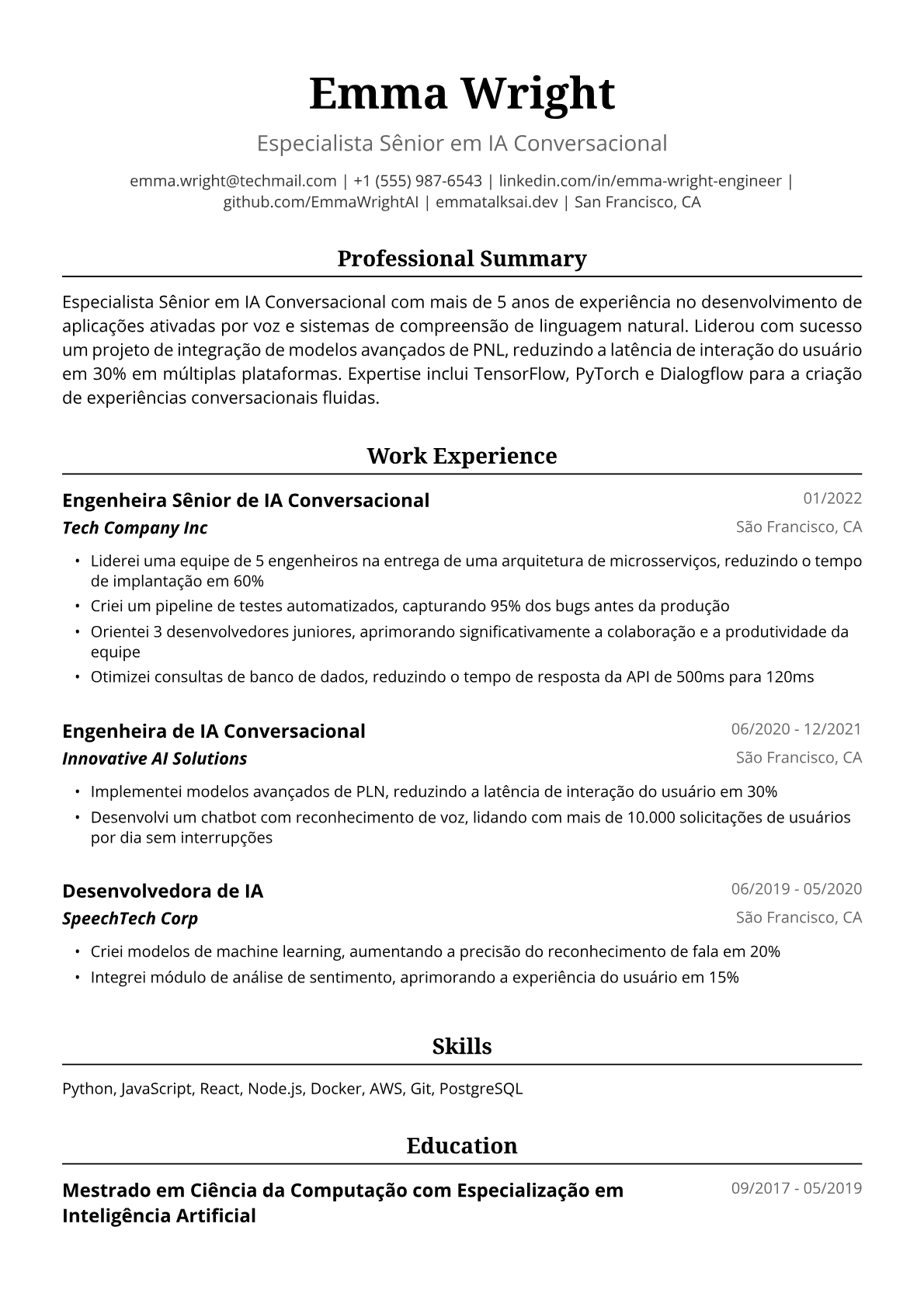 Exemplo de Currículo para Engenheira de IA Conversacional
