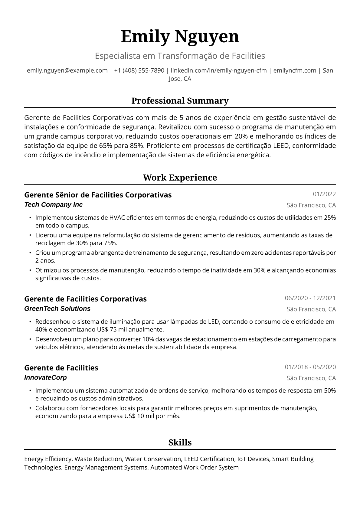 Exemplo de Currículo para Gerente de Facilities Corporativa