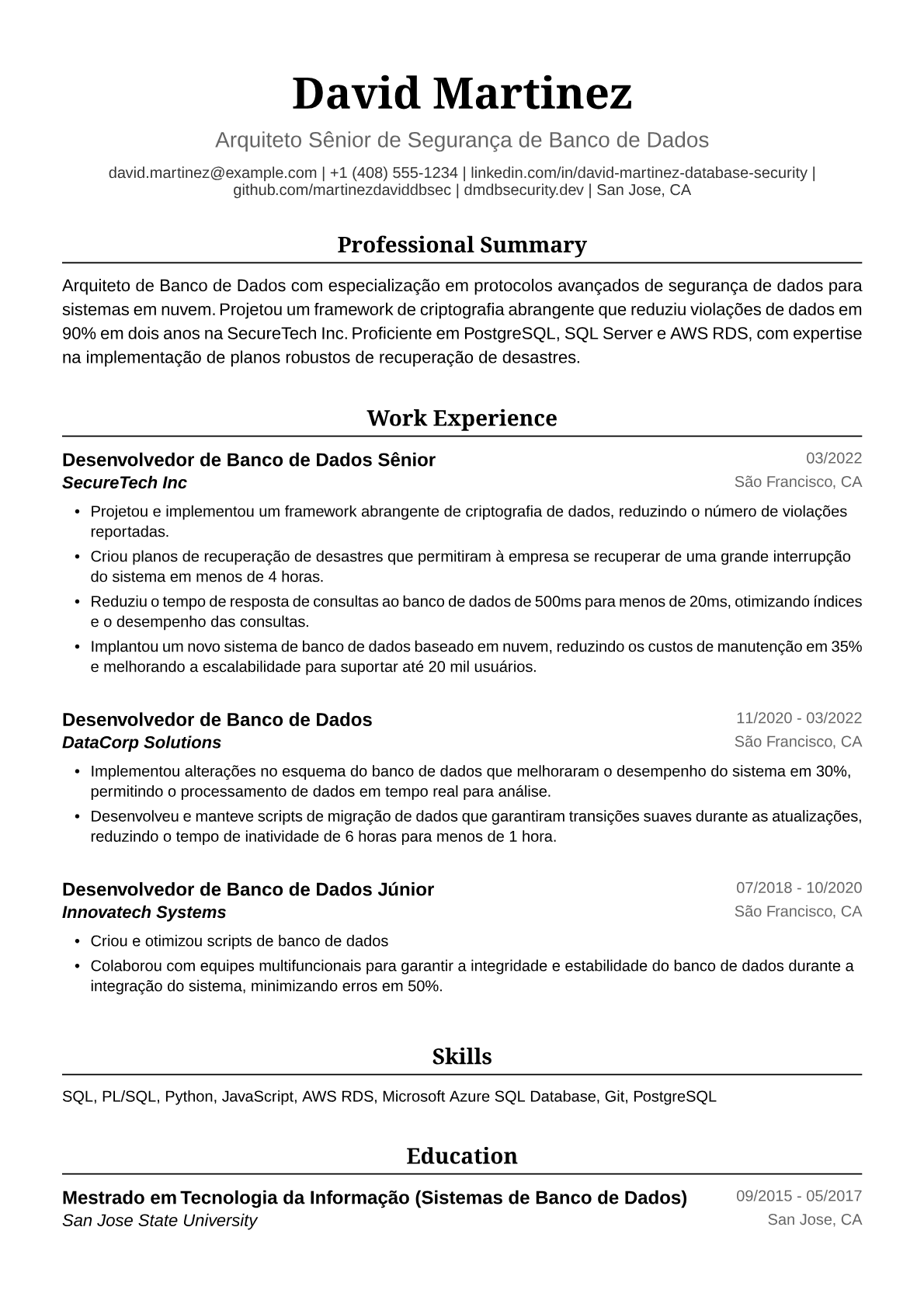Exemplo de Currículo para Desenvolvedor de Banco de Dados