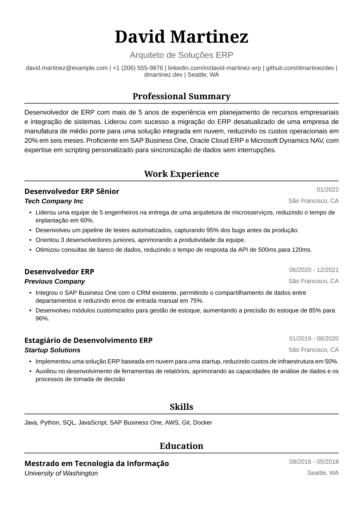 Exemplo de Currículo para Desenvolvedor ERP