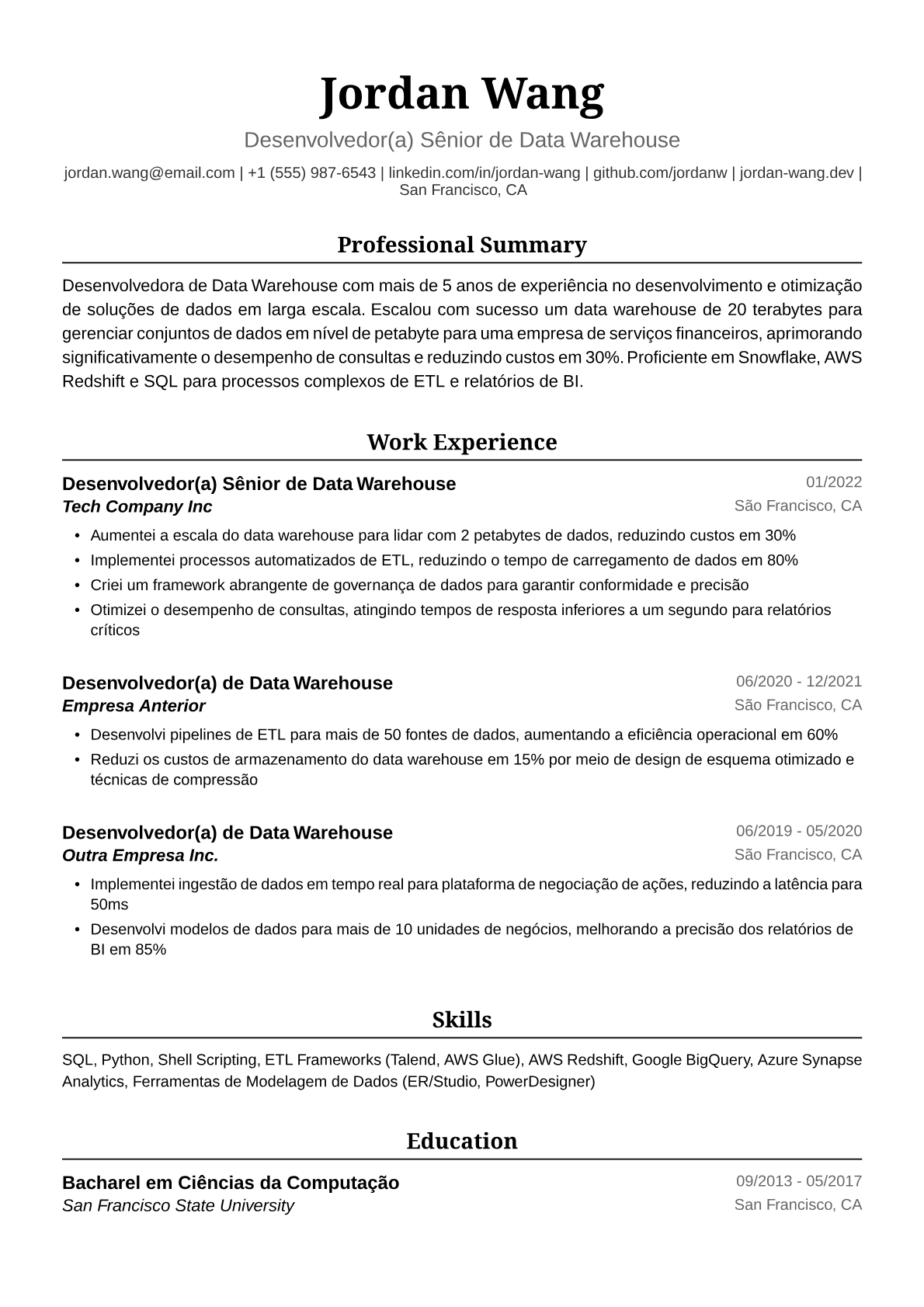 Exemplo de Currículo para Desenvolvedora de Data Warehouse