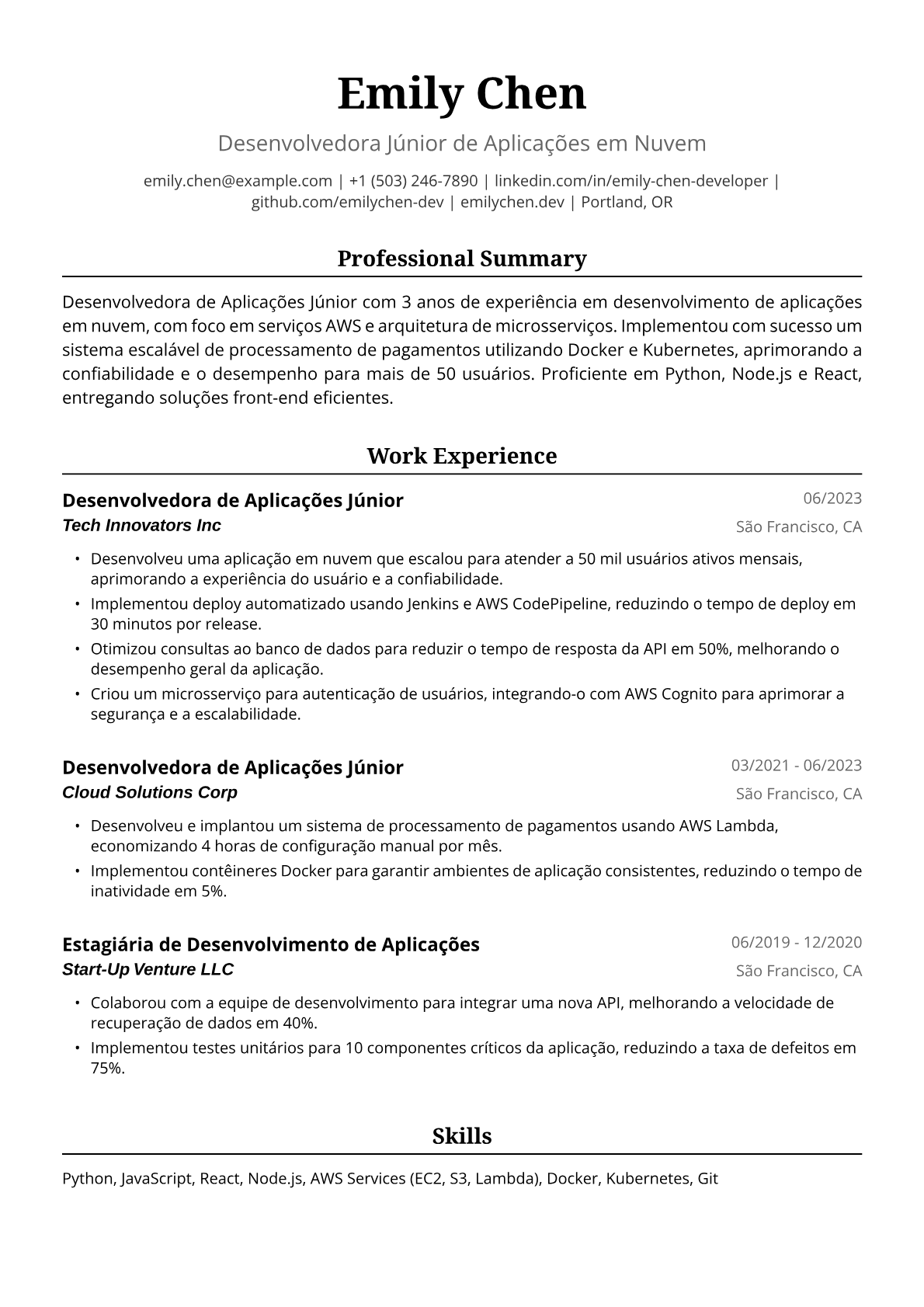 Exemplo de Currículo para Desenvolvedora de Aplicações Júnior