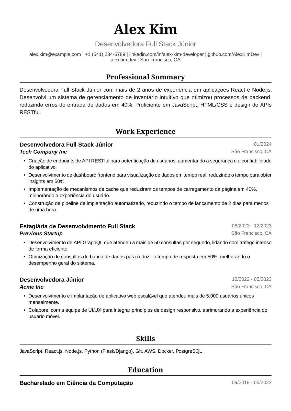 Exemplo de Currículo para Desenvolvedora Full Stack Júnior