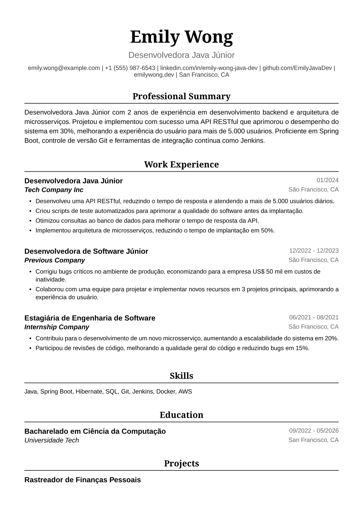 Exemplo de Currículo para Desenvolvedora Java Júnior