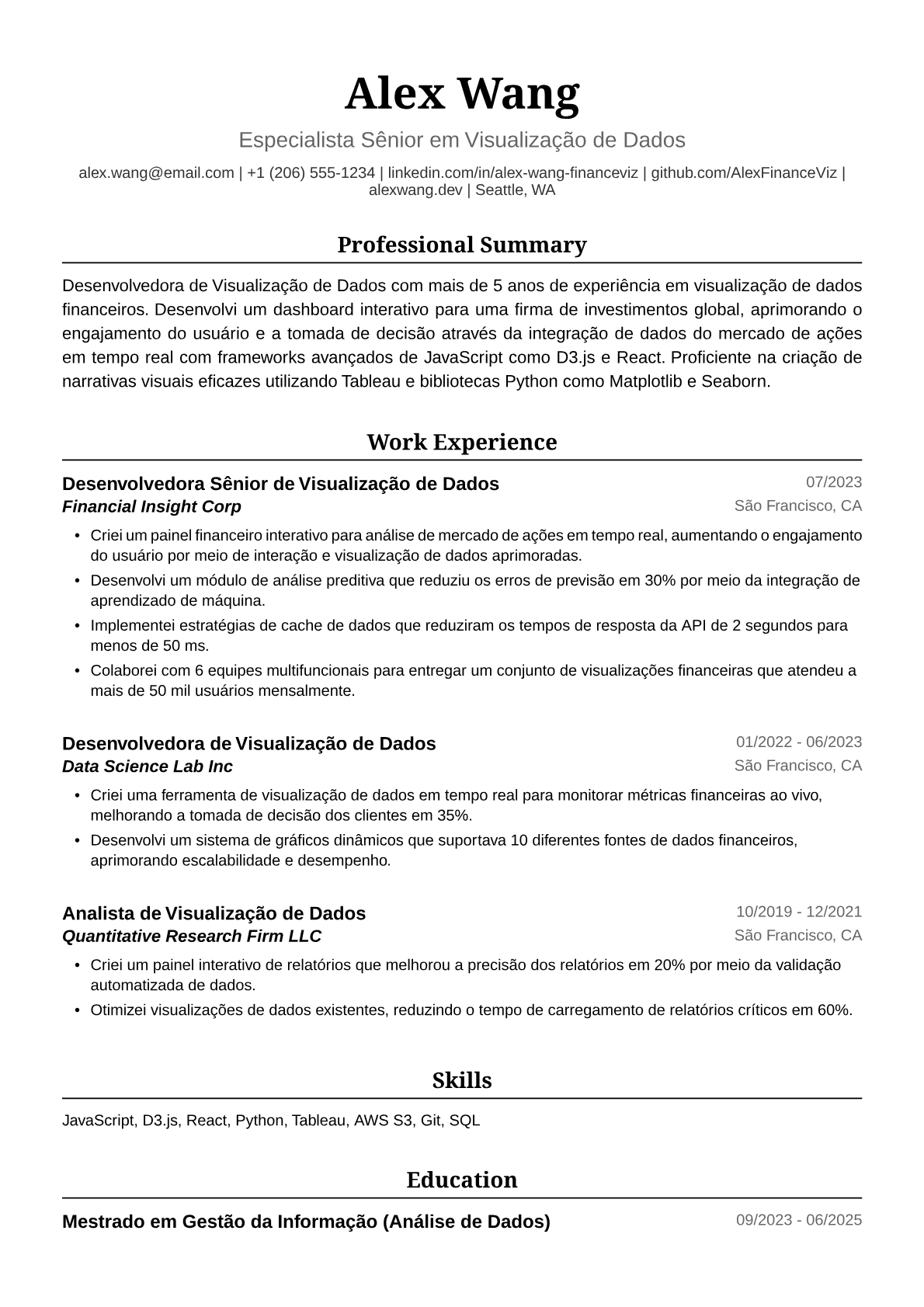 Exemplo de Currículo para Desenvolvedora de Visualização de Dados