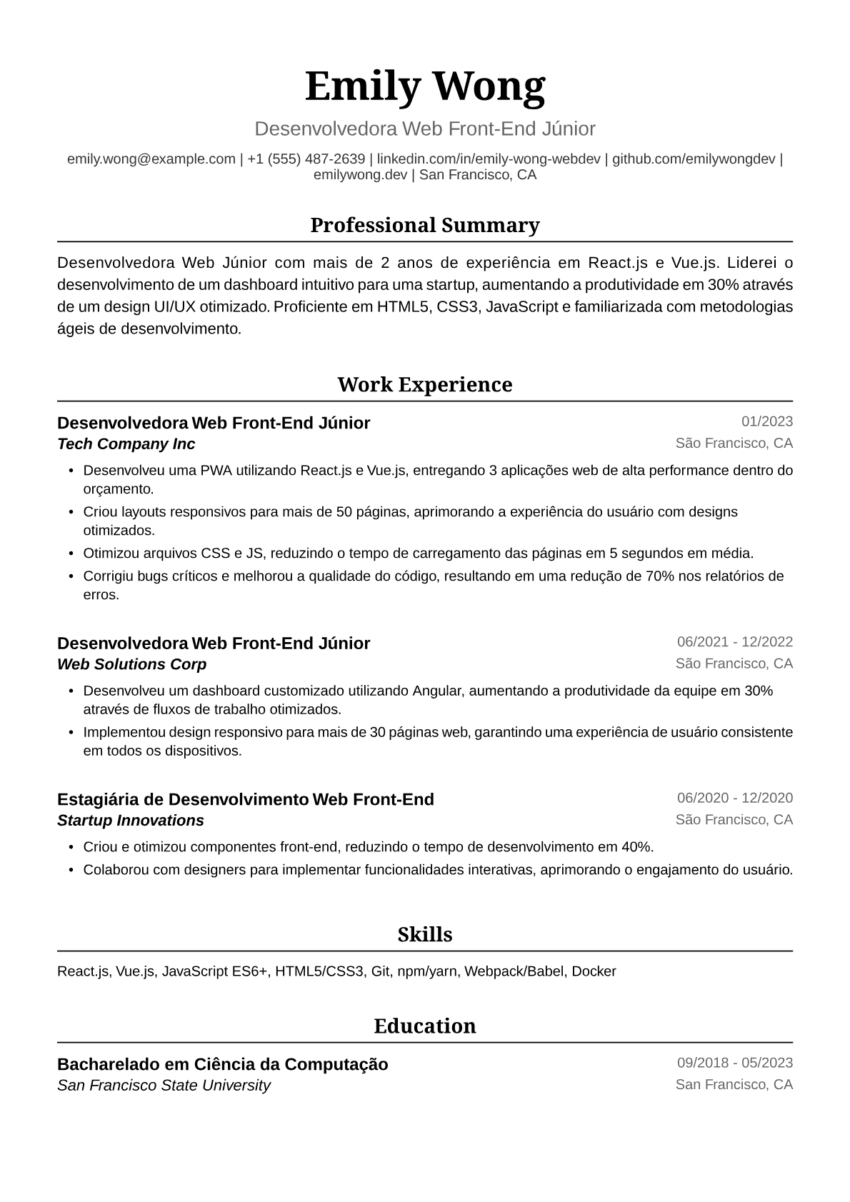 Exemplo de Currículo para Desenvolvedora Web Júnior