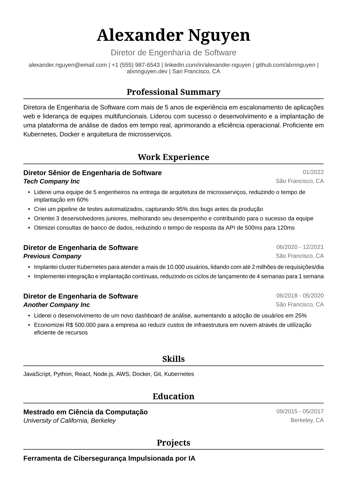 Exemplo de Currículo para Diretora de Engenharia de Software