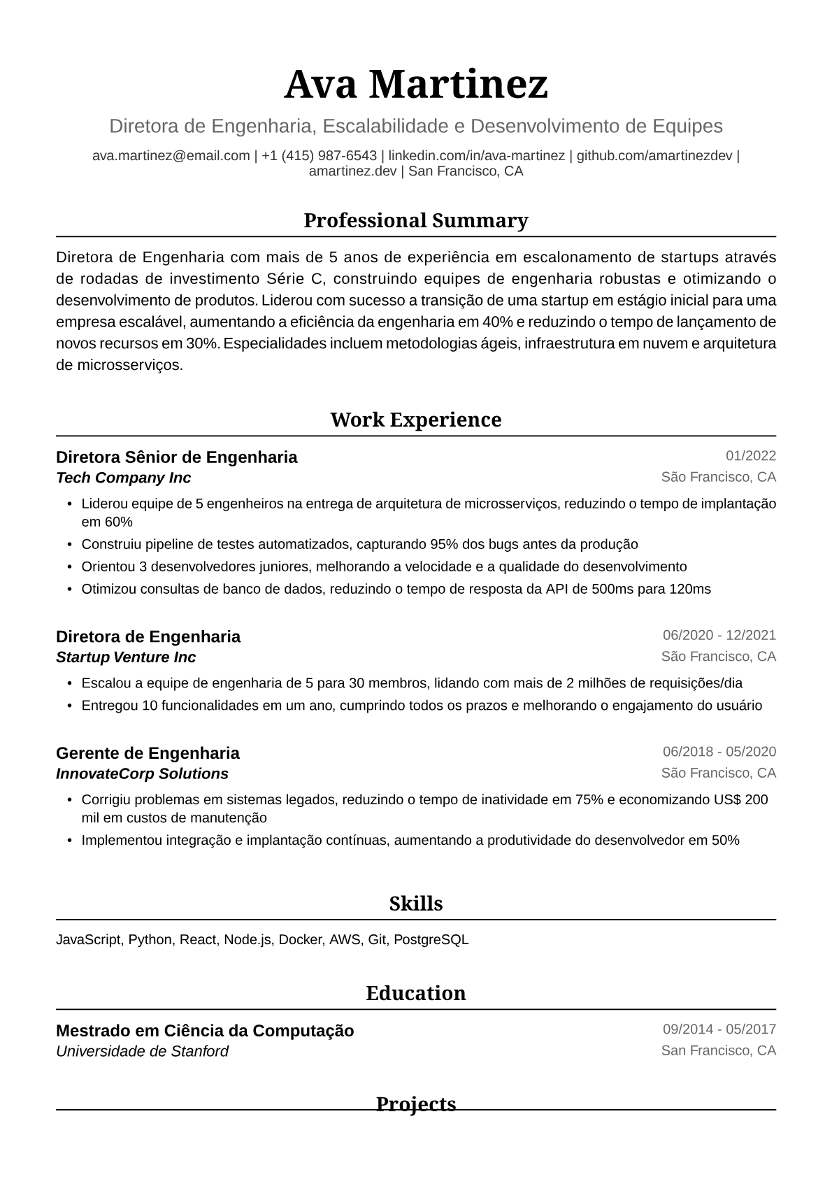 Exemplo de Currículo para Diretora de Engenharia