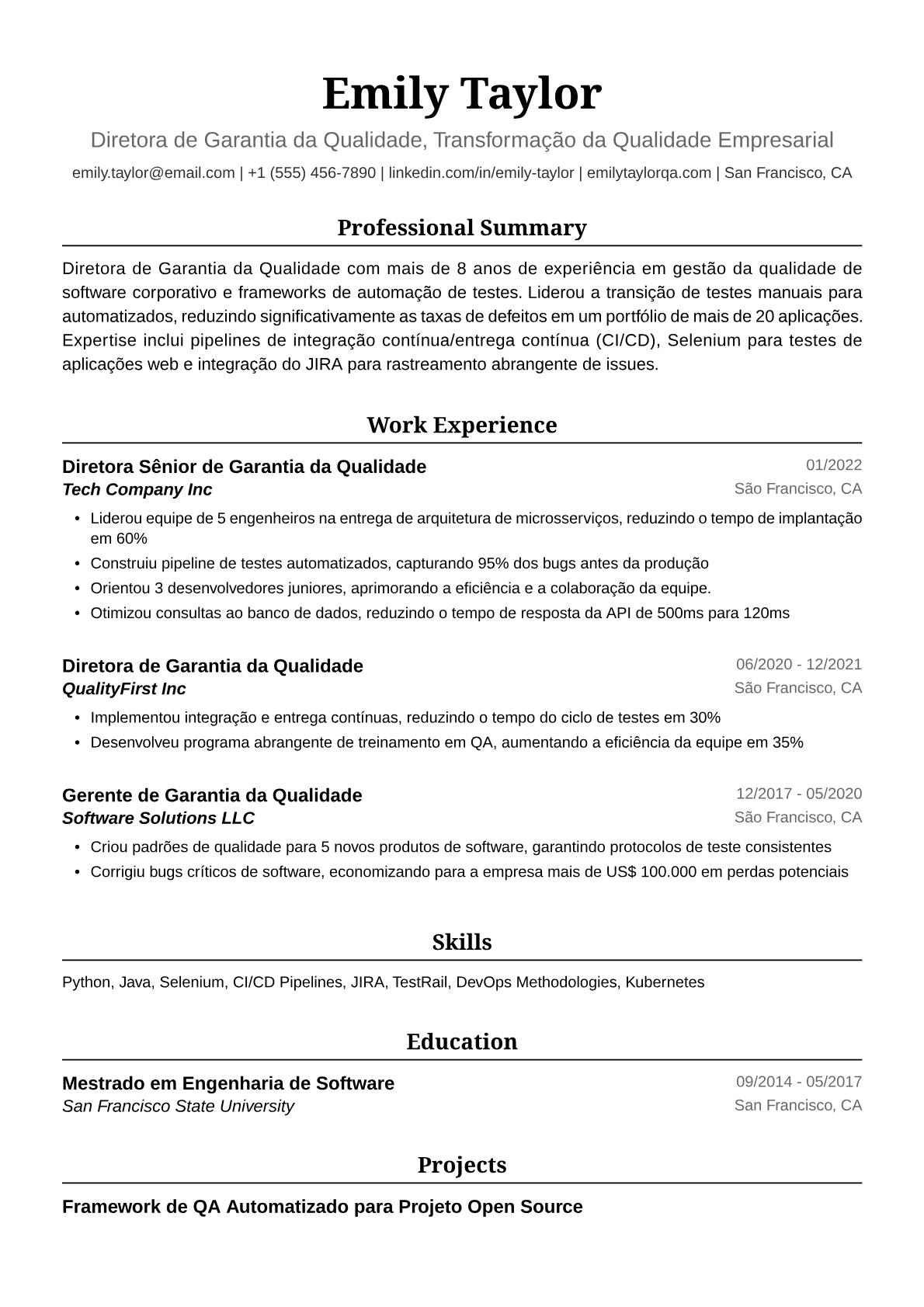 Exemplo de Currículo para Diretora de Garantia da Qualidade