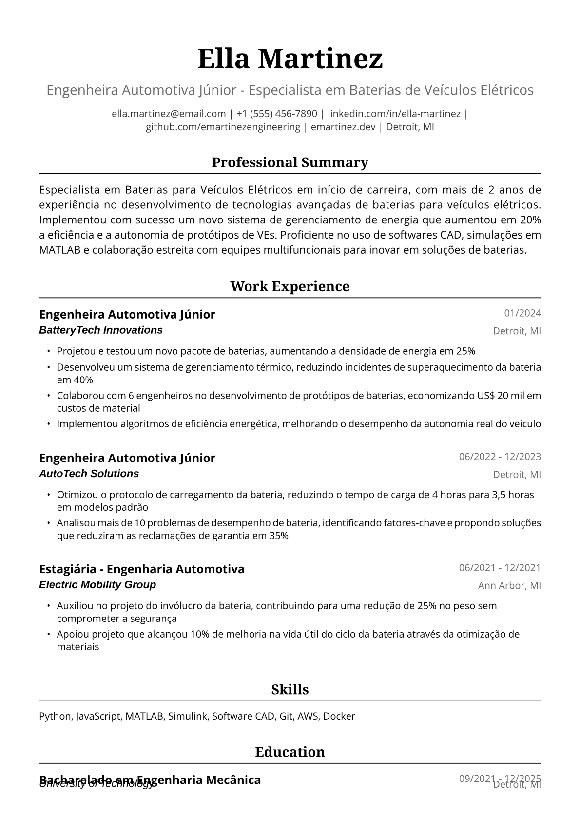 Exemplo de Currículo para Engenheira Automotiva Júnior