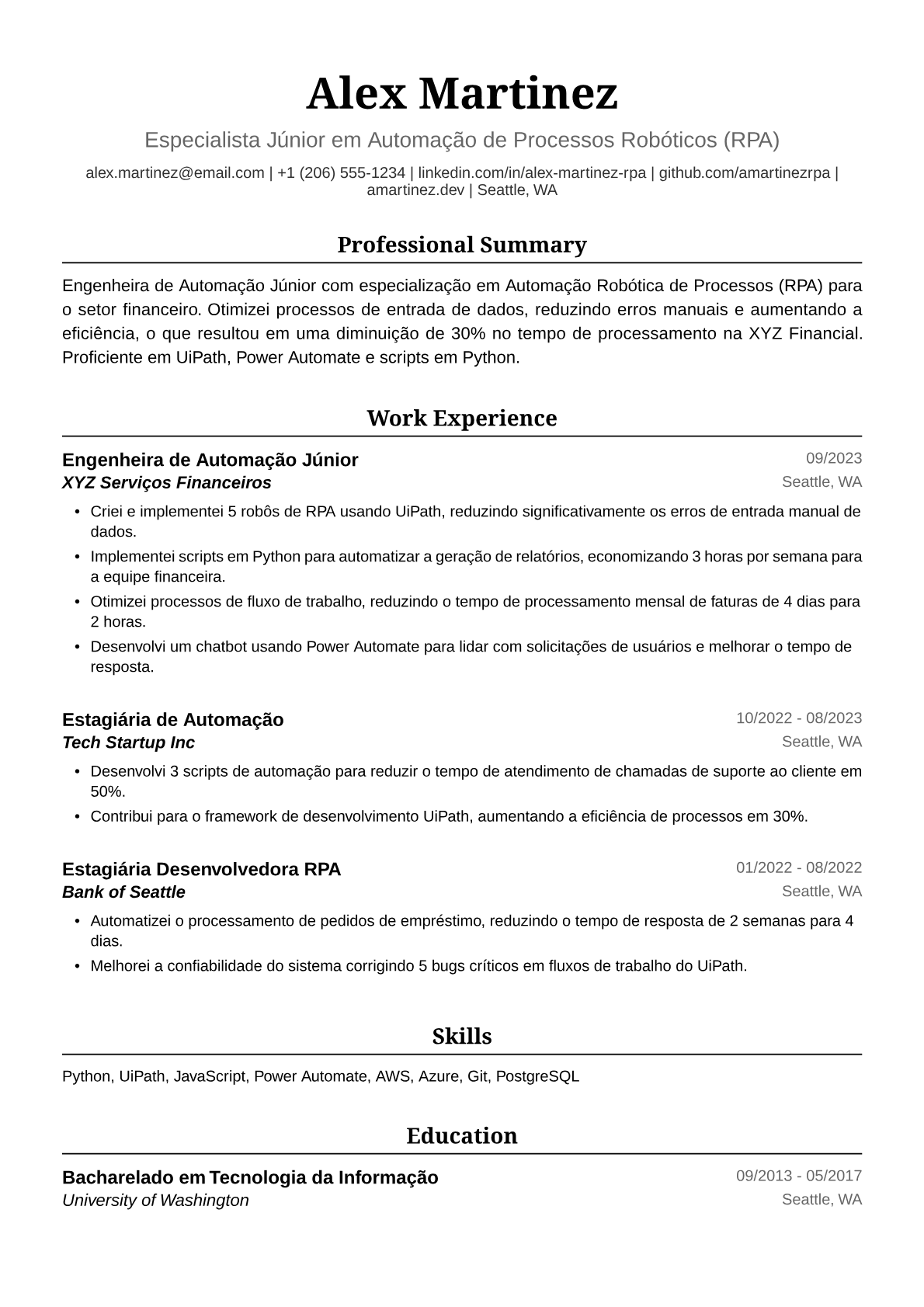 Exemplo de Currículo para Engenheira de Automação Júnior