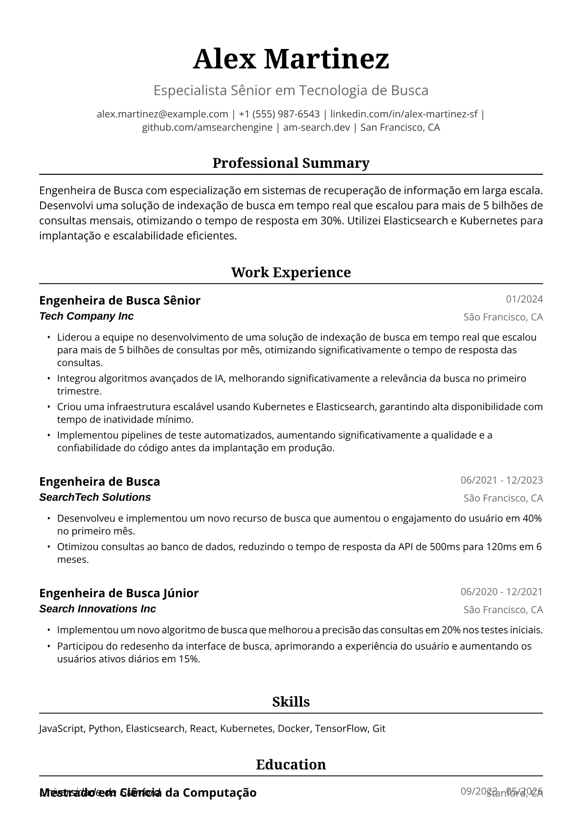 Exemplo de Currículo de Engenheira de Busca